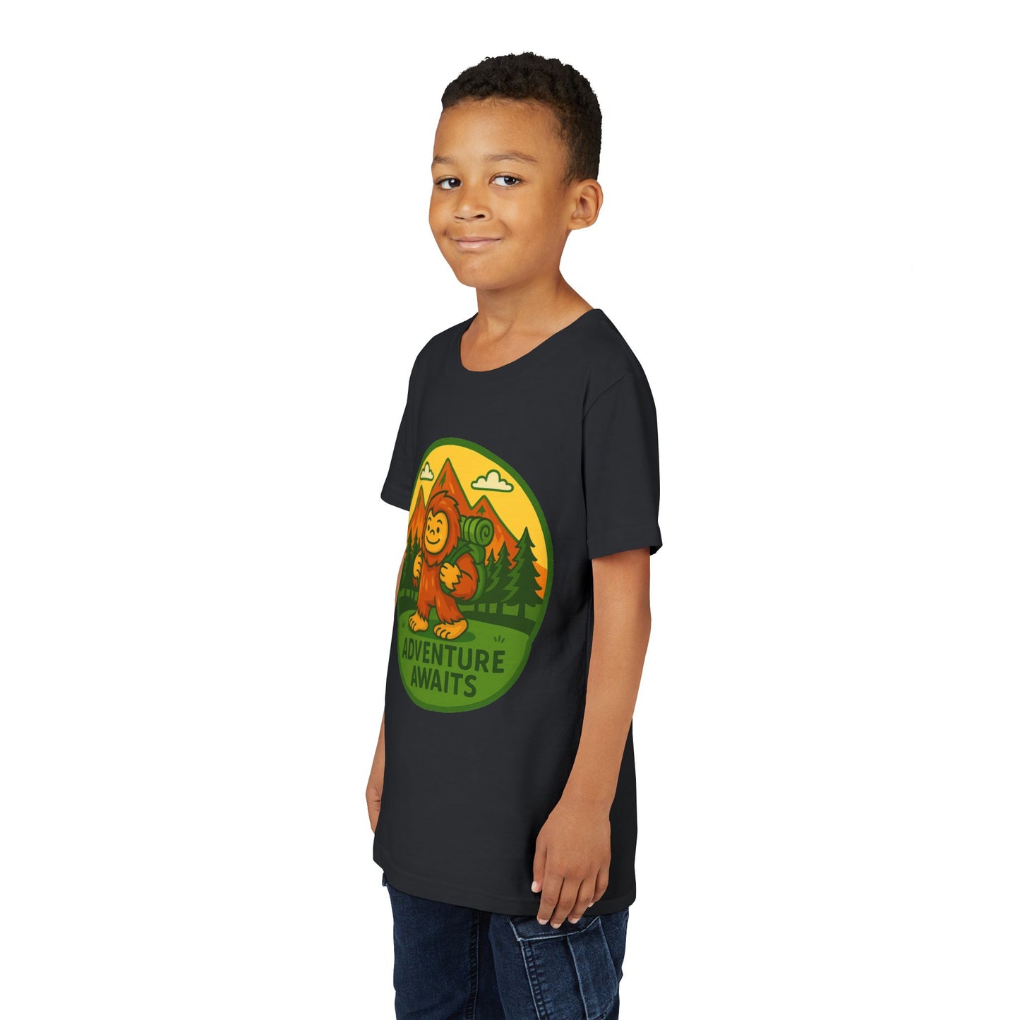 Adventure Awaits Youth Tee, Fun Kids Shirt, Cute Sasquatch T-Shirt, Summer Adventure Clothing, Perfect Gift for Young Explorers