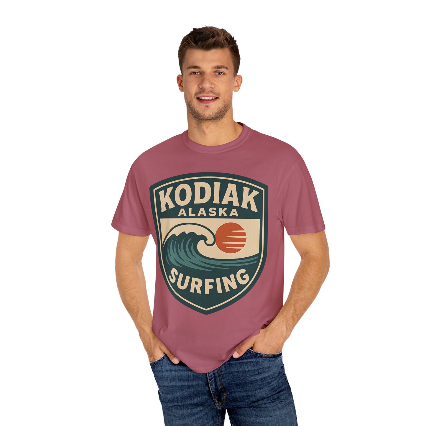 Vintage Kodiak Alaska Surfing T-Shirt – Garment-Dyed Heavyweight 100% Cotton Short Sleeve Tee - Retro Surf Design