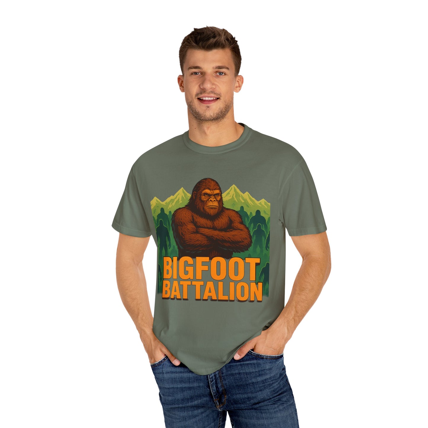 Bigfoot Battalion T-Shirt for Sasquatch Enthusiasts | Mountain Shadow Graphic Tee | Eco-Friendly Unisex Shirt