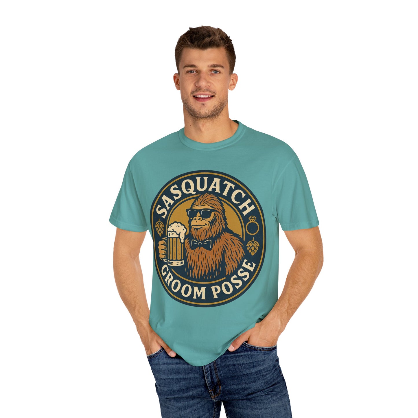 Sasquatch Groom Posse T-Shirt - Funny Bigfoot Wedding Tee - Vintage Beer Party Design - Unisex Garment-Dyed