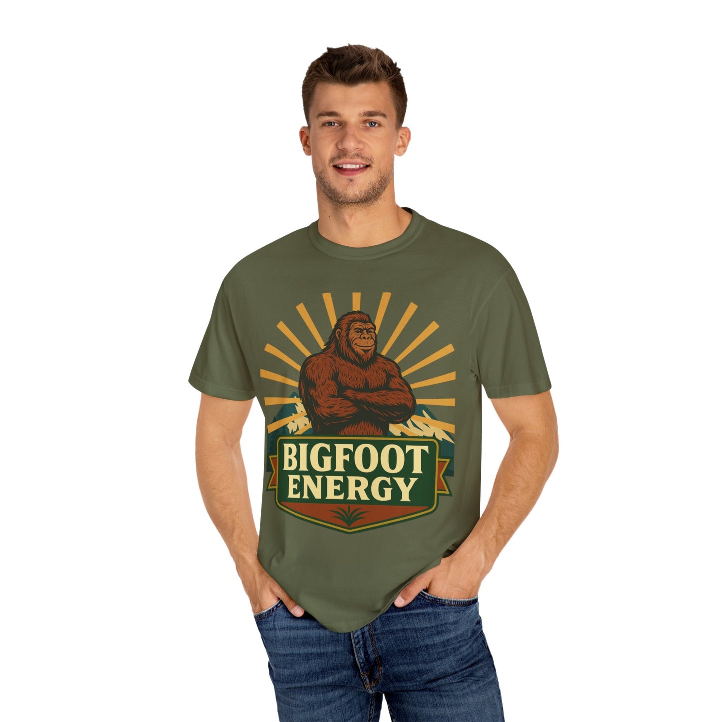 Bigfoot Energy T-Shirt - Retro Bigfoot Enthusiast Tee - Outdoor Adventure Sasquatch Shirt - Unisex Garment-Dyed