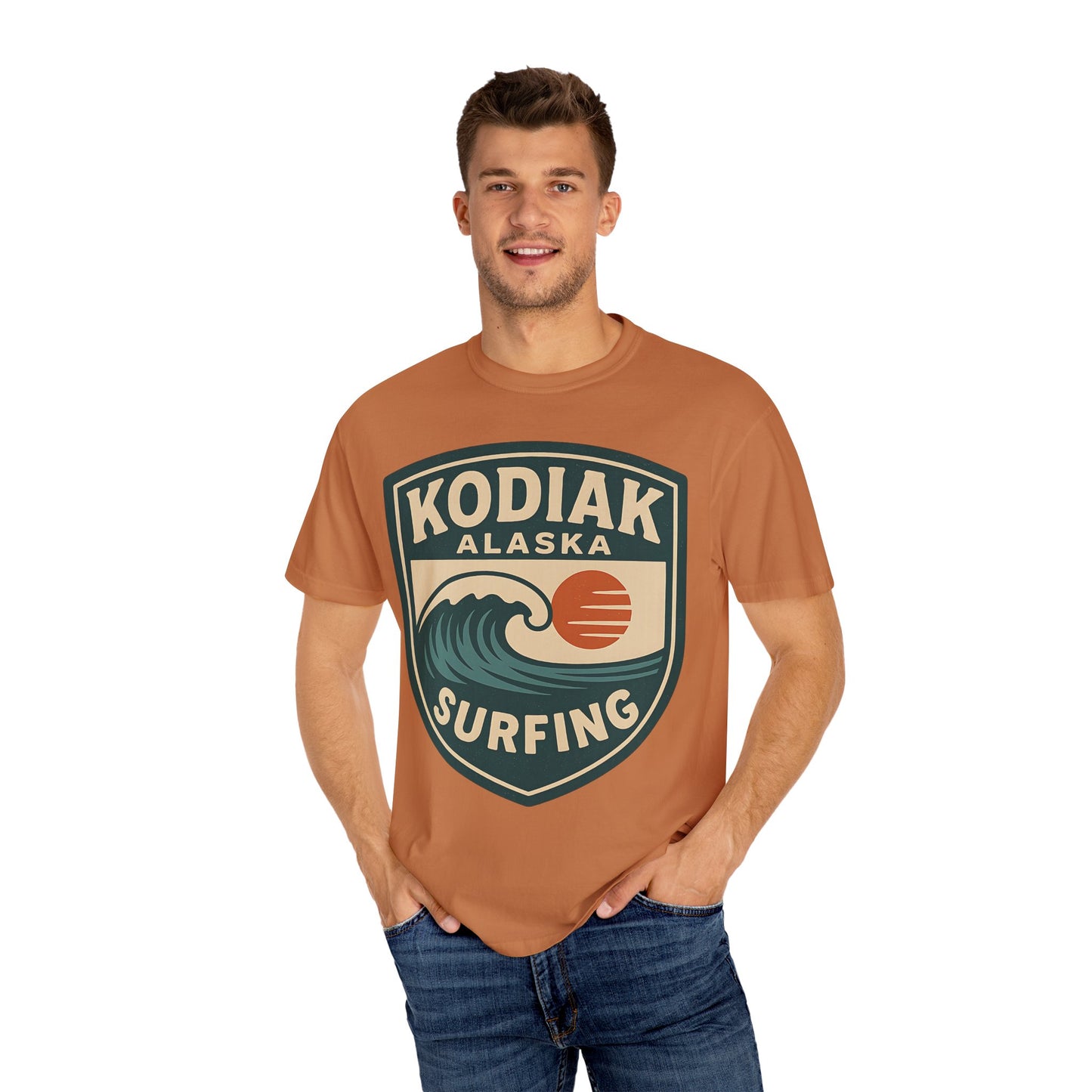 Vintage Kodiak Alaska Surfing T-Shirt – Garment-Dyed Heavyweight 100% Cotton Short Sleeve Tee - Retro Surf Design