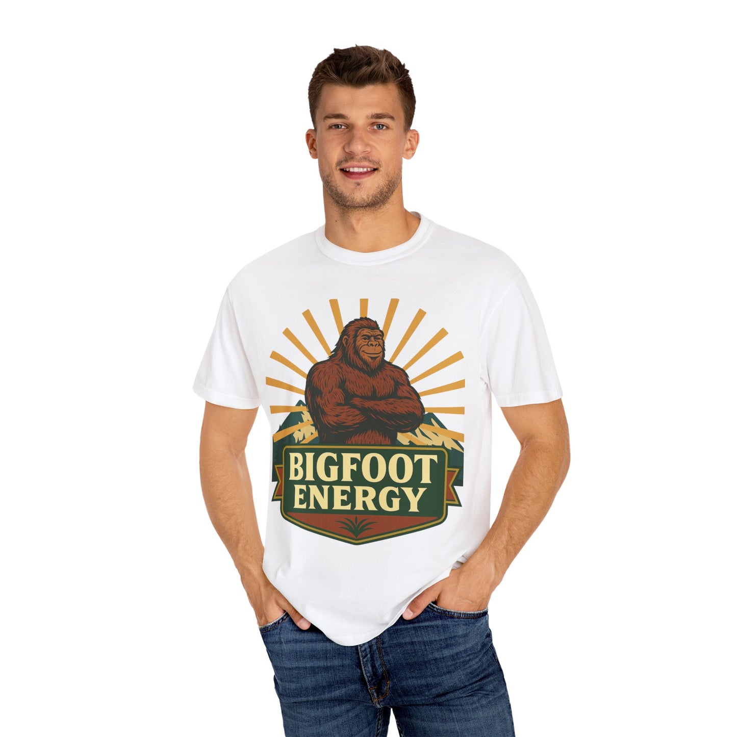 Bigfoot Energy T-Shirt - Retro Bigfoot Enthusiast Tee - Outdoor Adventure Sasquatch Shirt - Unisex Garment-Dyed