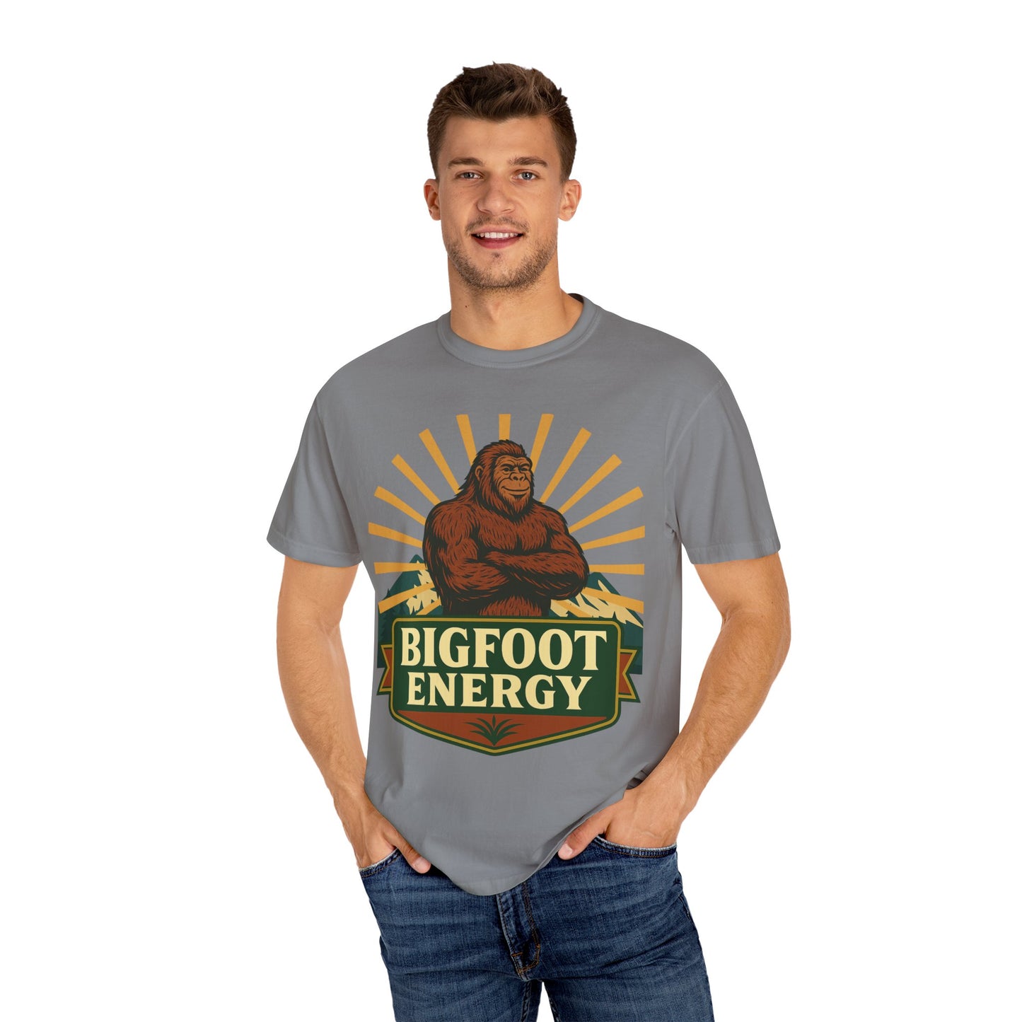 Bigfoot Energy T-Shirt - Retro Bigfoot Enthusiast Tee - Outdoor Adventure Sasquatch Shirt - Unisex Garment-Dyed