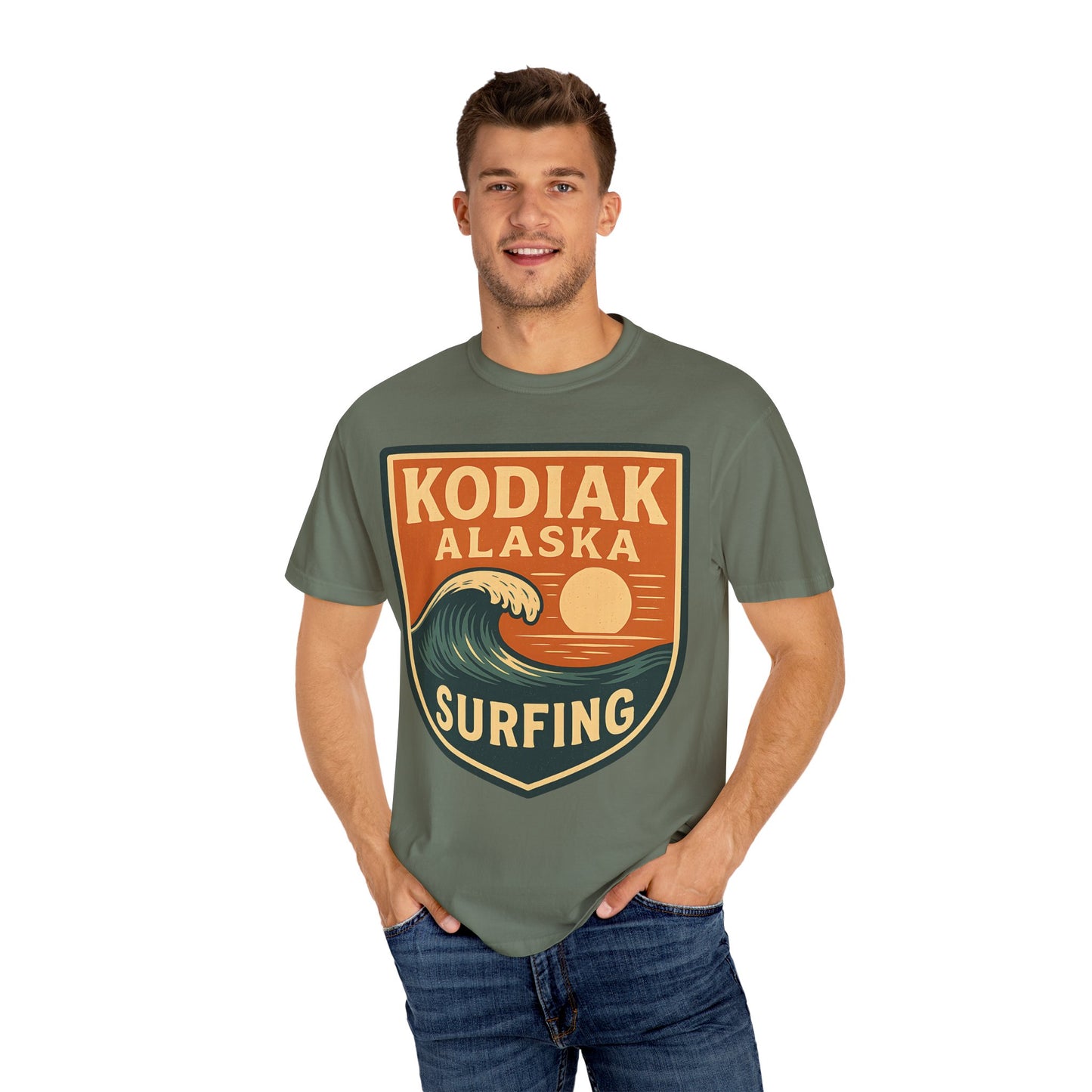 Kodiak Alaska Surfing T-Shirt – Garment-Dyed Heavyweight 100% Cotton Short Sleeve Tee - Vintage Surf Design