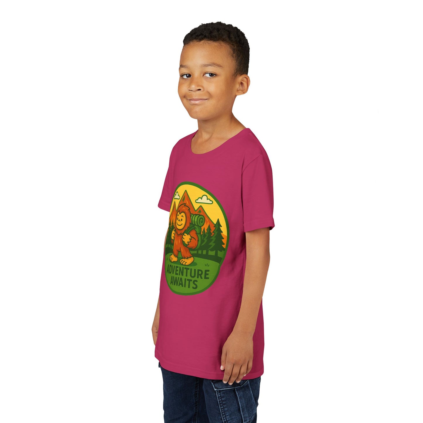 Adventure Awaits Youth Tee, Fun Kids Shirt, Cute Sasquatch T-Shirt, Summer Adventure Clothing, Perfect Gift for Young Explorers