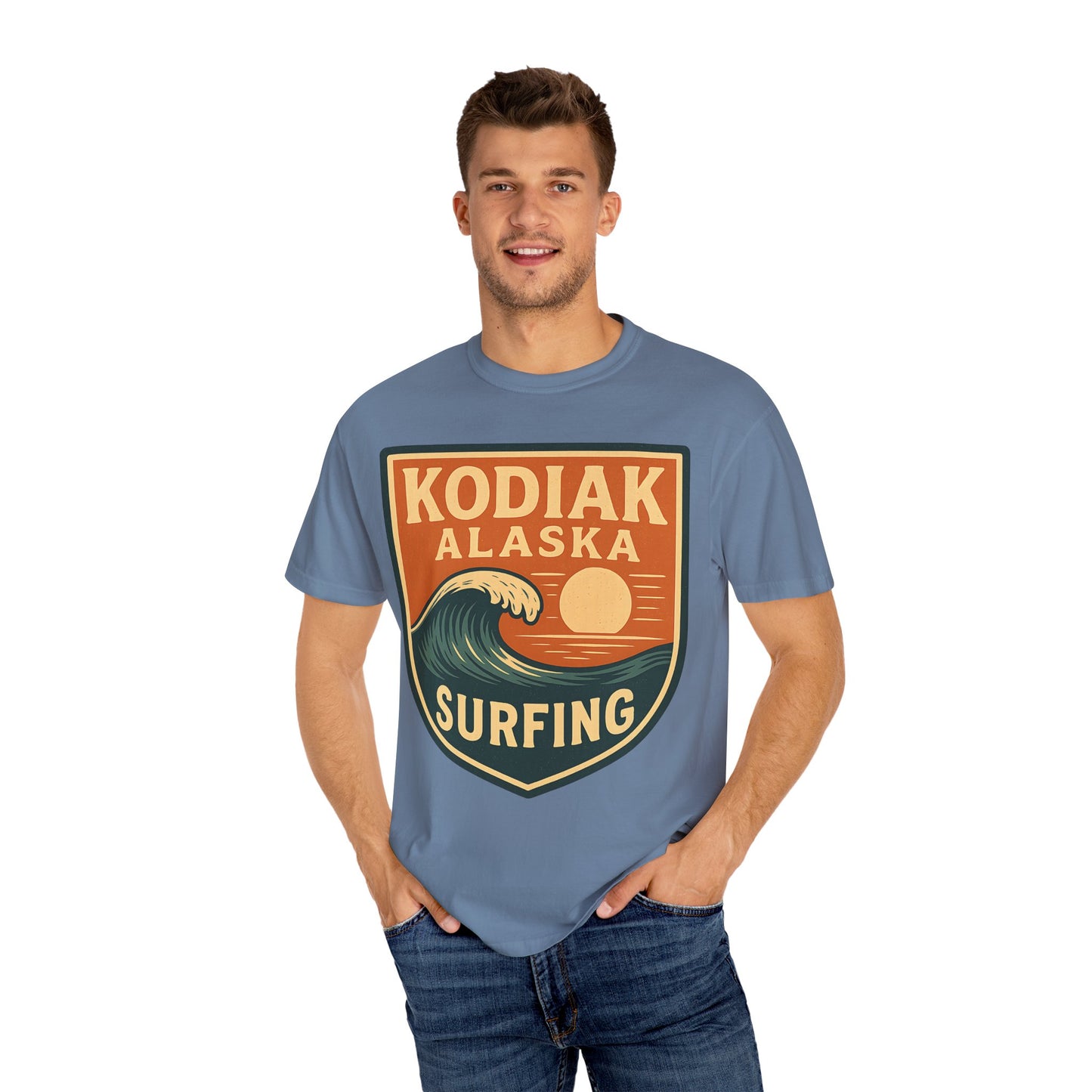 Kodiak Alaska Surfing T-Shirt – Garment-Dyed Heavyweight 100% Cotton Short Sleeve Tee - Vintage Surf Design