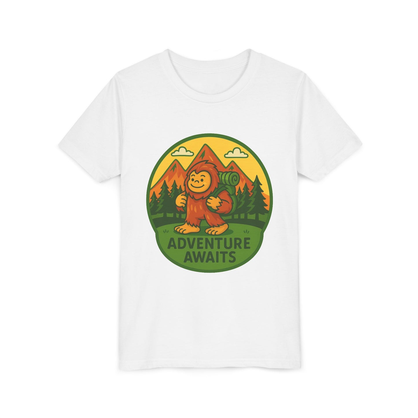 Adventure Awaits Youth Tee, Fun Kids Shirt, Cute Sasquatch T-Shirt, Summer Adventure Clothing, Perfect Gift for Young Explorers
