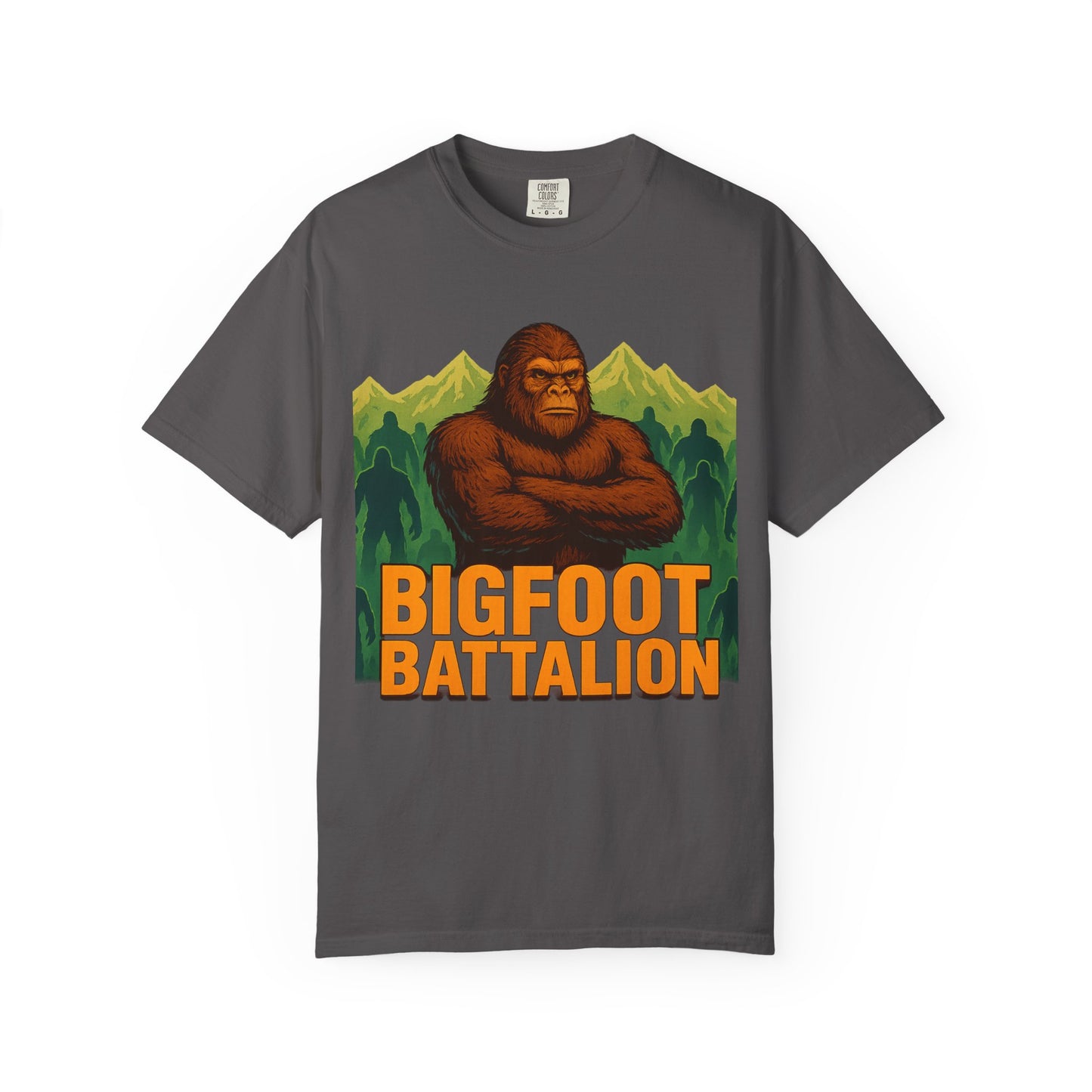 Bigfoot Battalion T-Shirt for Sasquatch Enthusiasts | Mountain Shadow Graphic Tee | Eco-Friendly Unisex Shirt