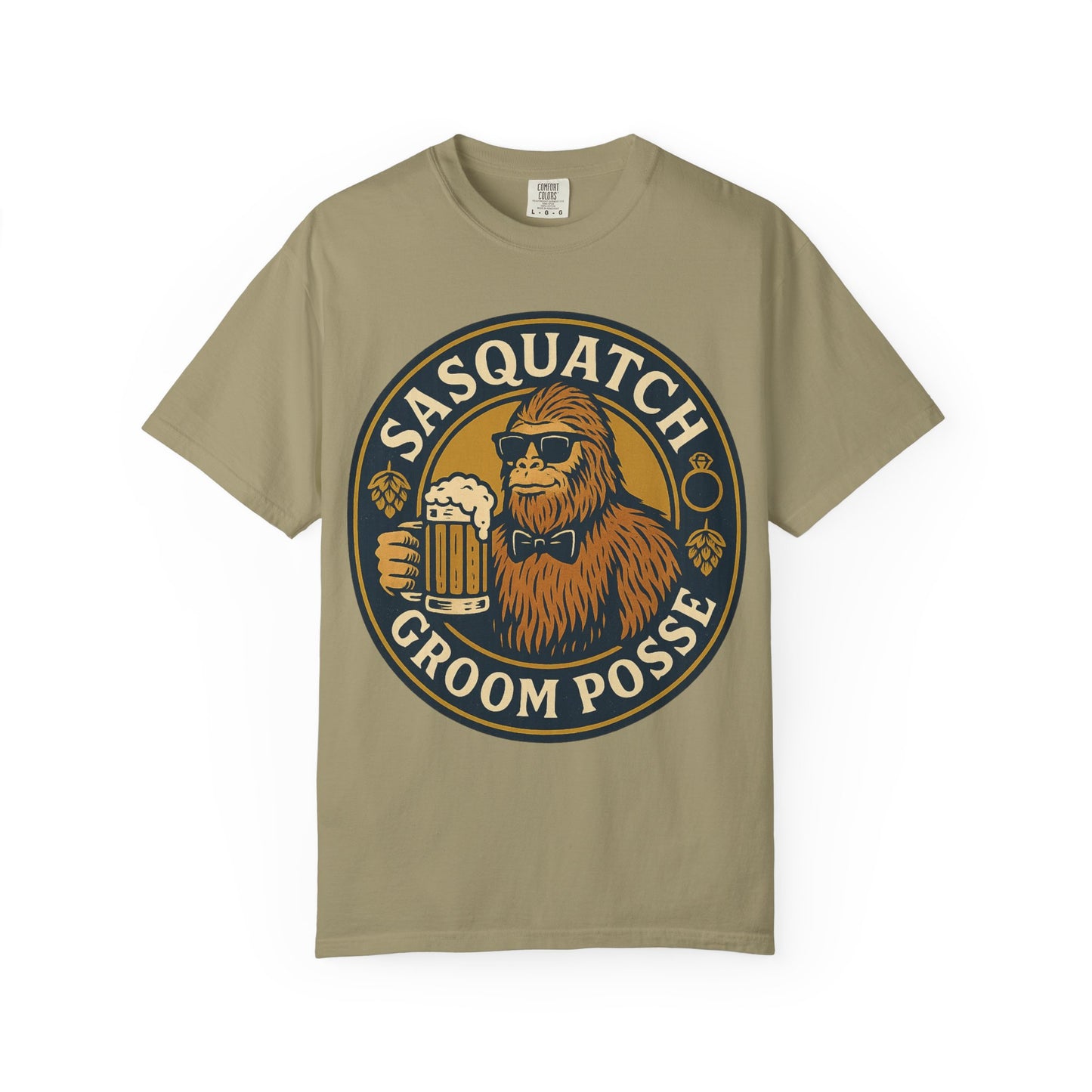 Sasquatch Groom Posse T-Shirt - Funny Bigfoot Wedding Tee - Vintage Beer Party Design - Unisex Garment-Dyed