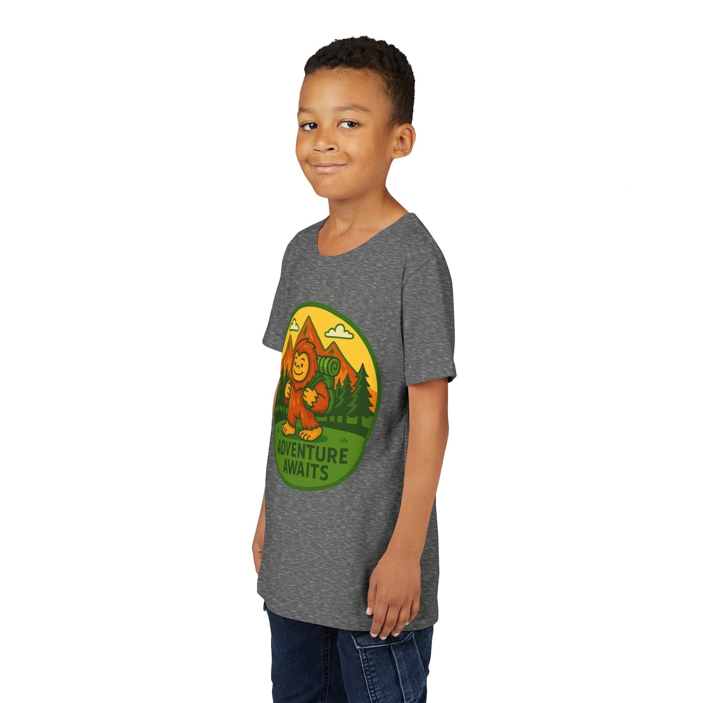 Adventure Awaits Youth Tee, Fun Kids Shirt, Cute Sasquatch T-Shirt, Summer Adventure Clothing, Perfect Gift for Young Explorers