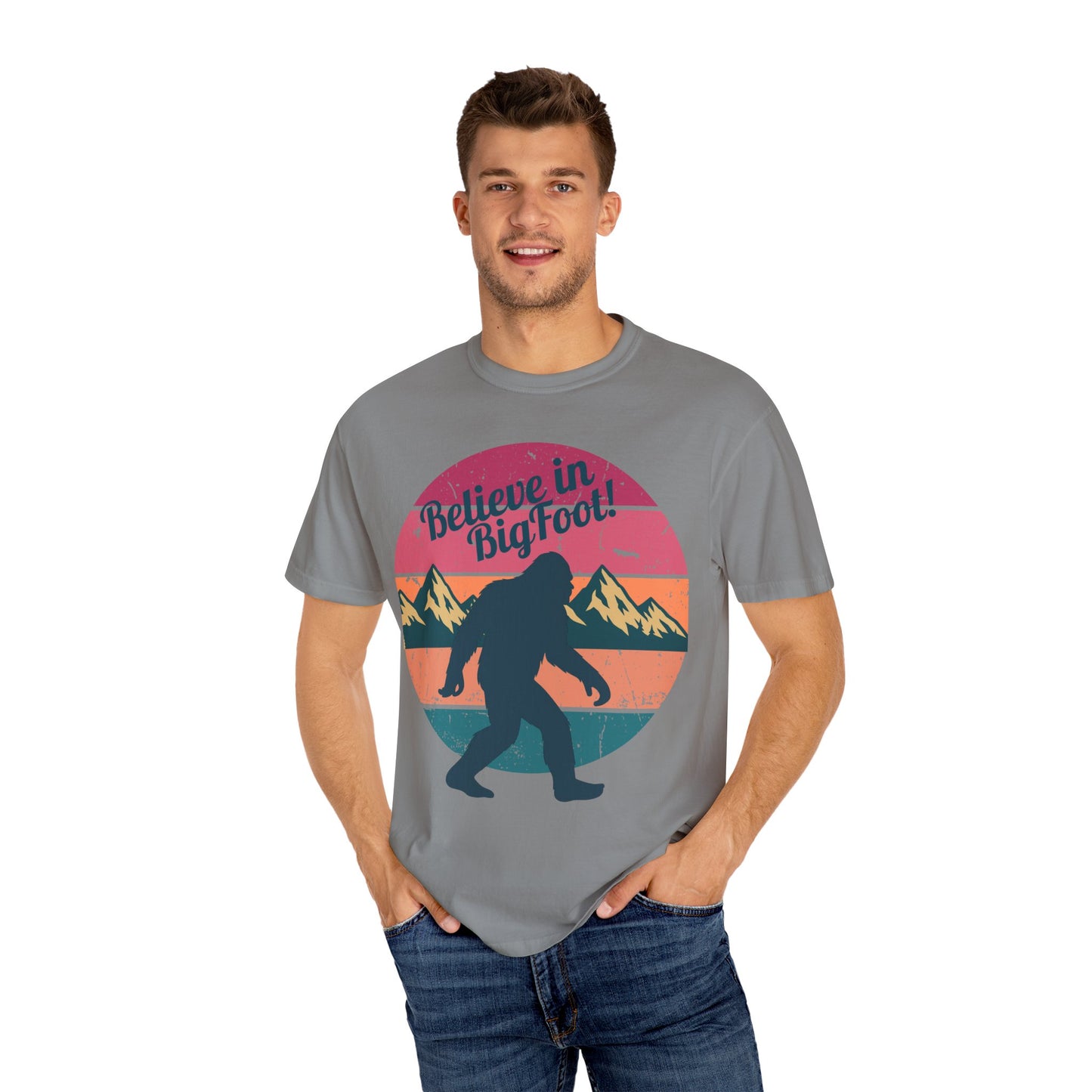 Believe in Bigfoot T-Shirt - Vintage Retro Sasquatch Tee - Outdoor Adventure Bigfoot Shirt - Unisex Garment-Dyed