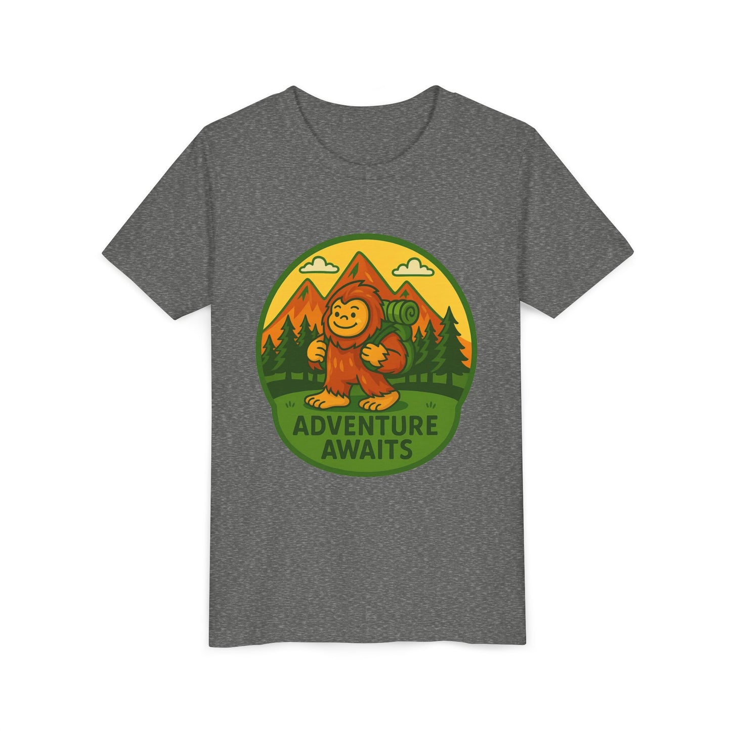 Adventure Awaits Youth Tee, Fun Kids Shirt, Cute Sasquatch T-Shirt, Summer Adventure Clothing, Perfect Gift for Young Explorers
