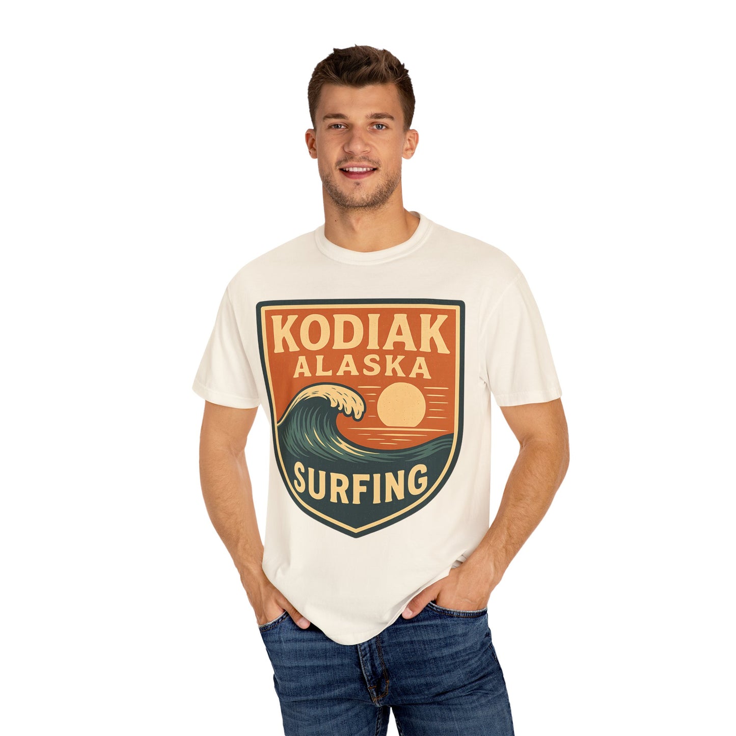 Kodiak Alaska Surfing T-Shirt – Garment-Dyed Heavyweight 100% Cotton Short Sleeve Tee - Vintage Surf Design
