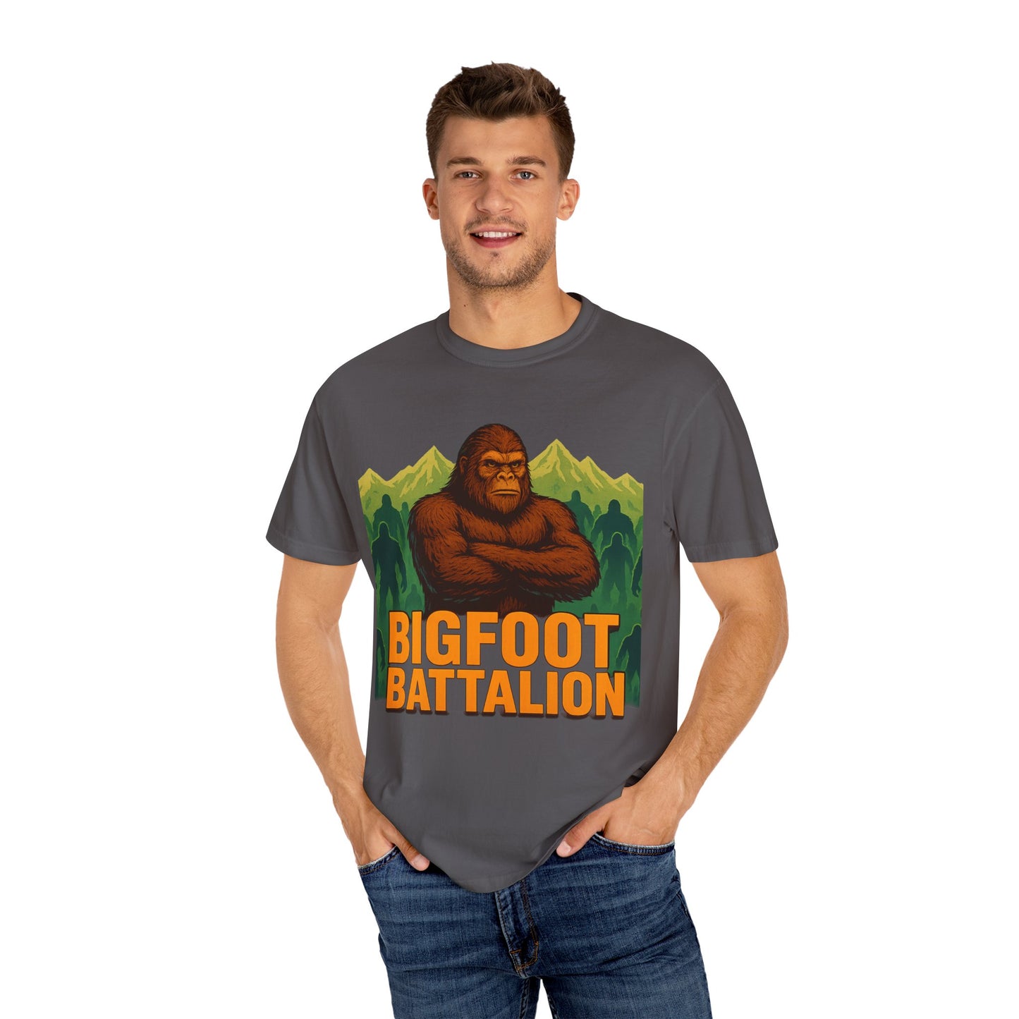 Bigfoot Battalion T-Shirt for Sasquatch Enthusiasts | Mountain Shadow Graphic Tee | Eco-Friendly Unisex Shirt