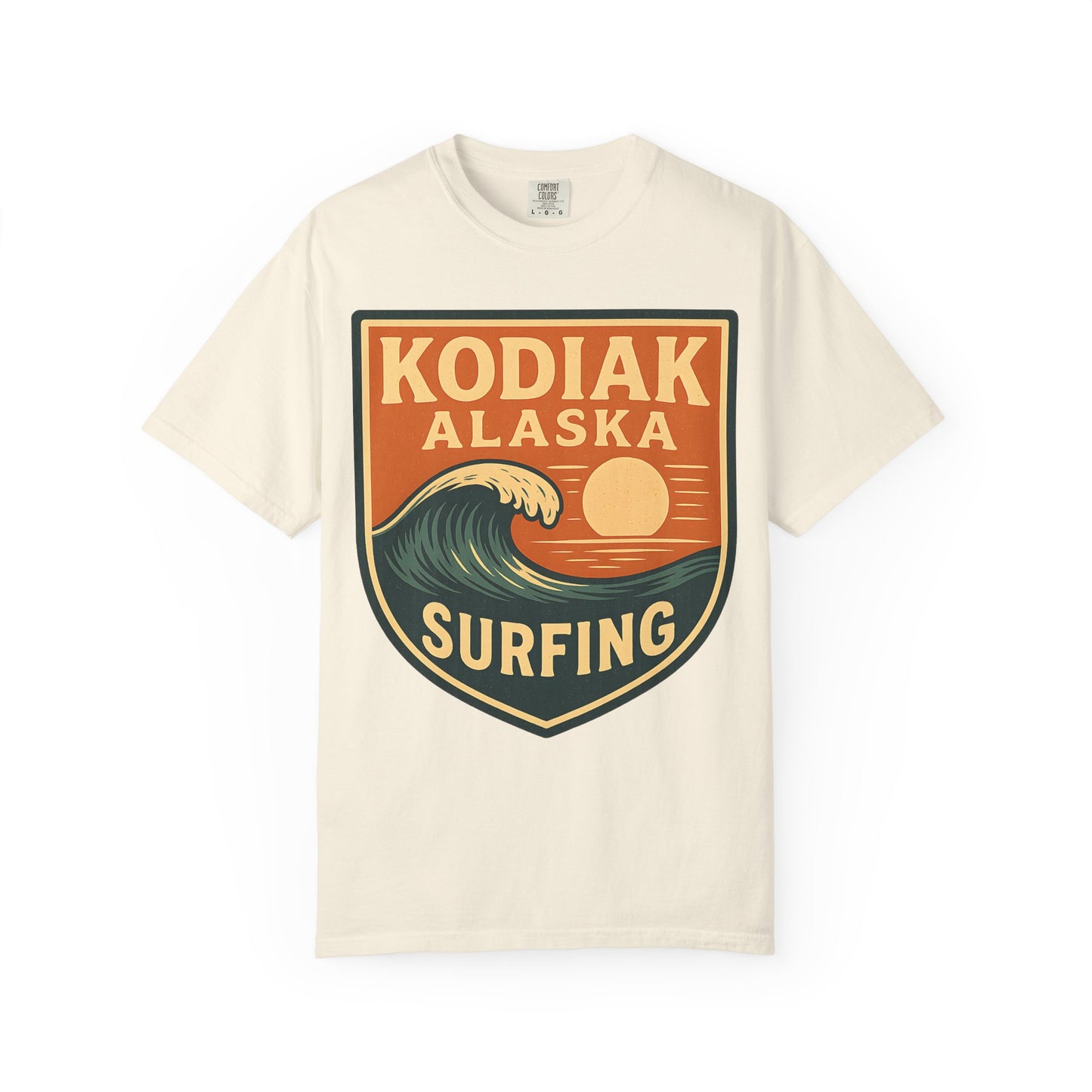 Kodiak Alaska Surfing T-Shirt – Garment-Dyed Heavyweight 100% Cotton Short Sleeve Tee - Vintage Surf Design