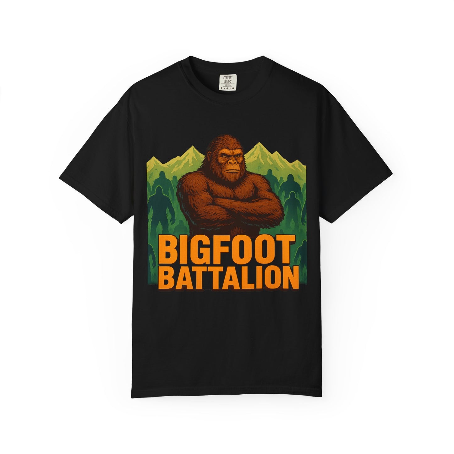 Bigfoot Battalion T-Shirt for Sasquatch Enthusiasts | Mountain Shadow Graphic Tee | Eco-Friendly Unisex Shirt