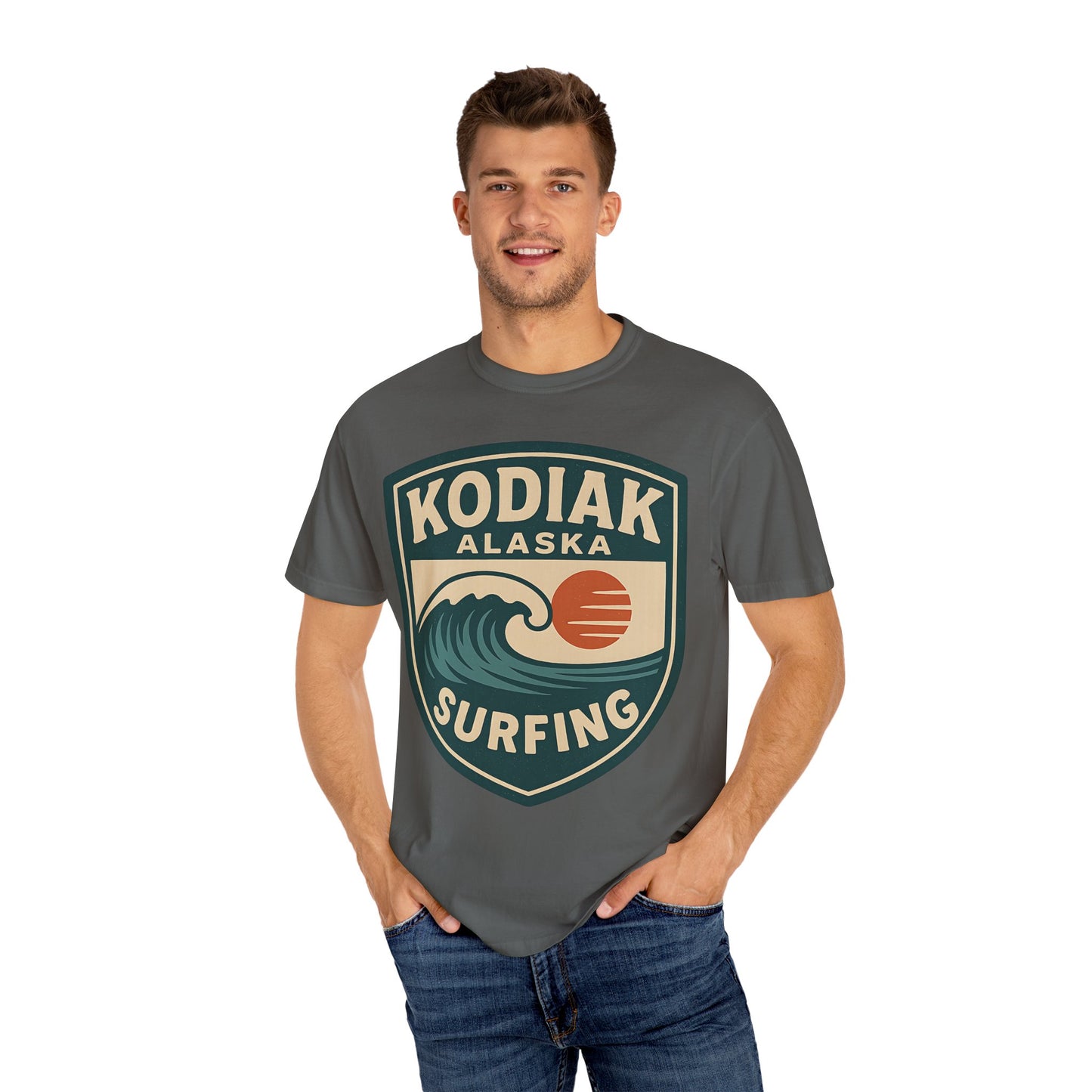 Vintage Kodiak Alaska Surfing T-Shirt – Garment-Dyed Heavyweight 100% Cotton Short Sleeve Tee - Retro Surf Design