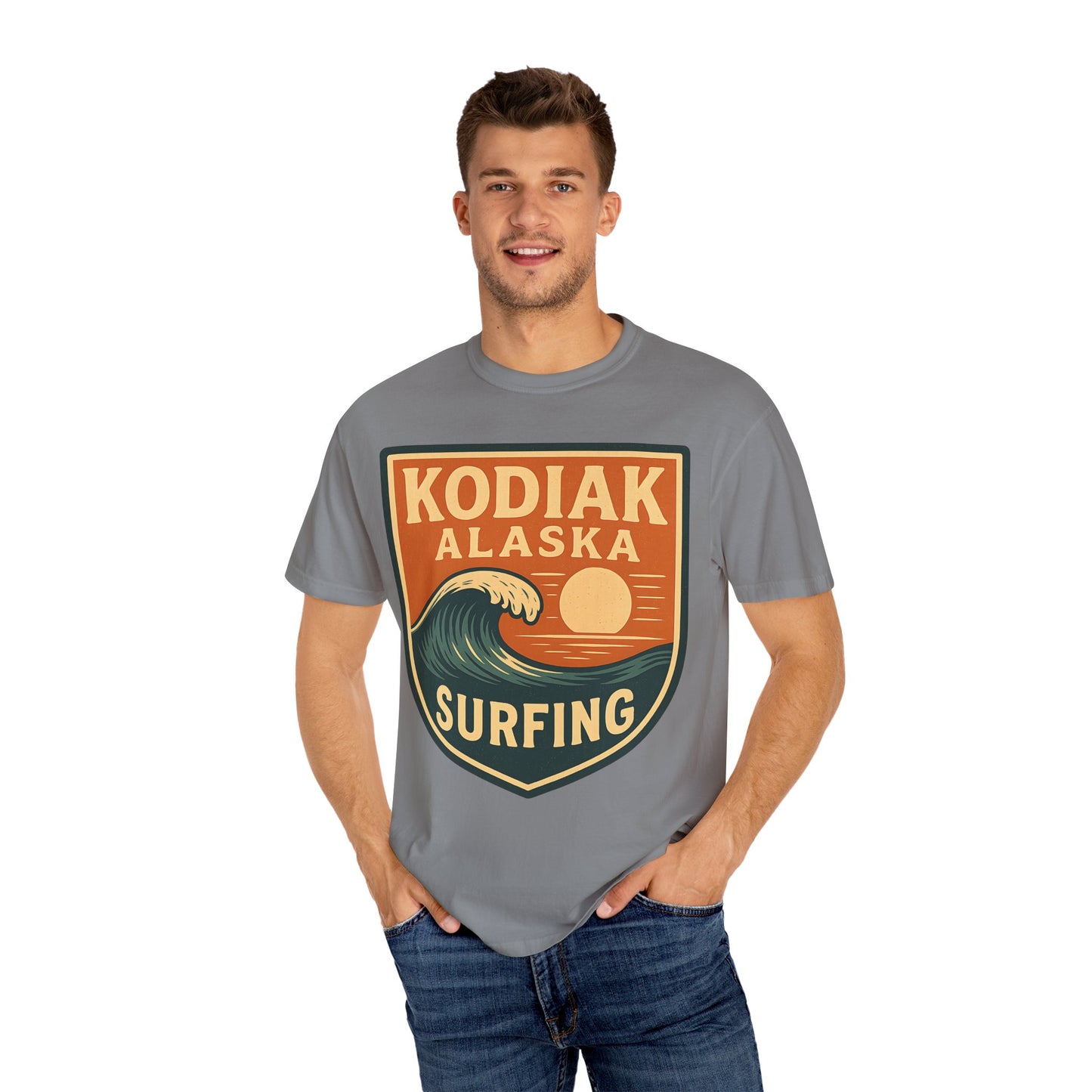 Kodiak Alaska Surfing T-Shirt – Garment-Dyed Heavyweight 100% Cotton Short Sleeve Tee - Vintage Surf Design