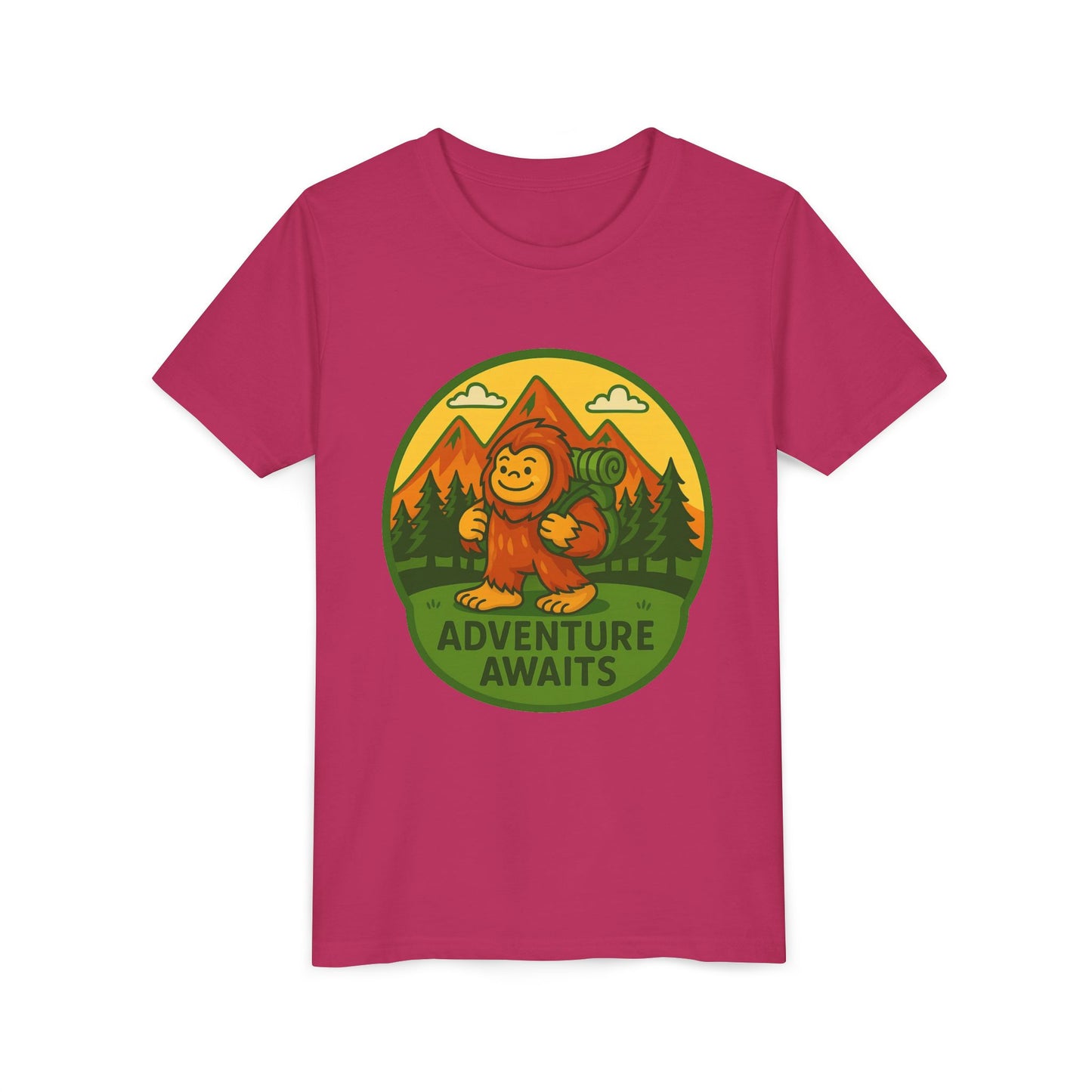 Adventure Awaits Youth Tee, Fun Kids Shirt, Cute Sasquatch T-Shirt, Summer Adventure Clothing, Perfect Gift for Young Explorers