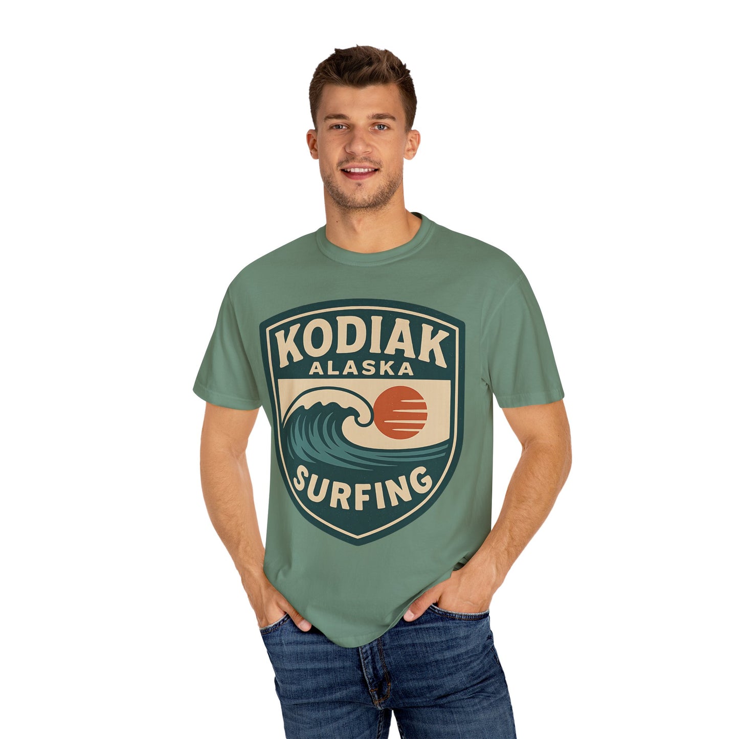 Vintage Kodiak Alaska Surfing T-Shirt – Garment-Dyed Heavyweight 100% Cotton Short Sleeve Tee - Retro Surf Design