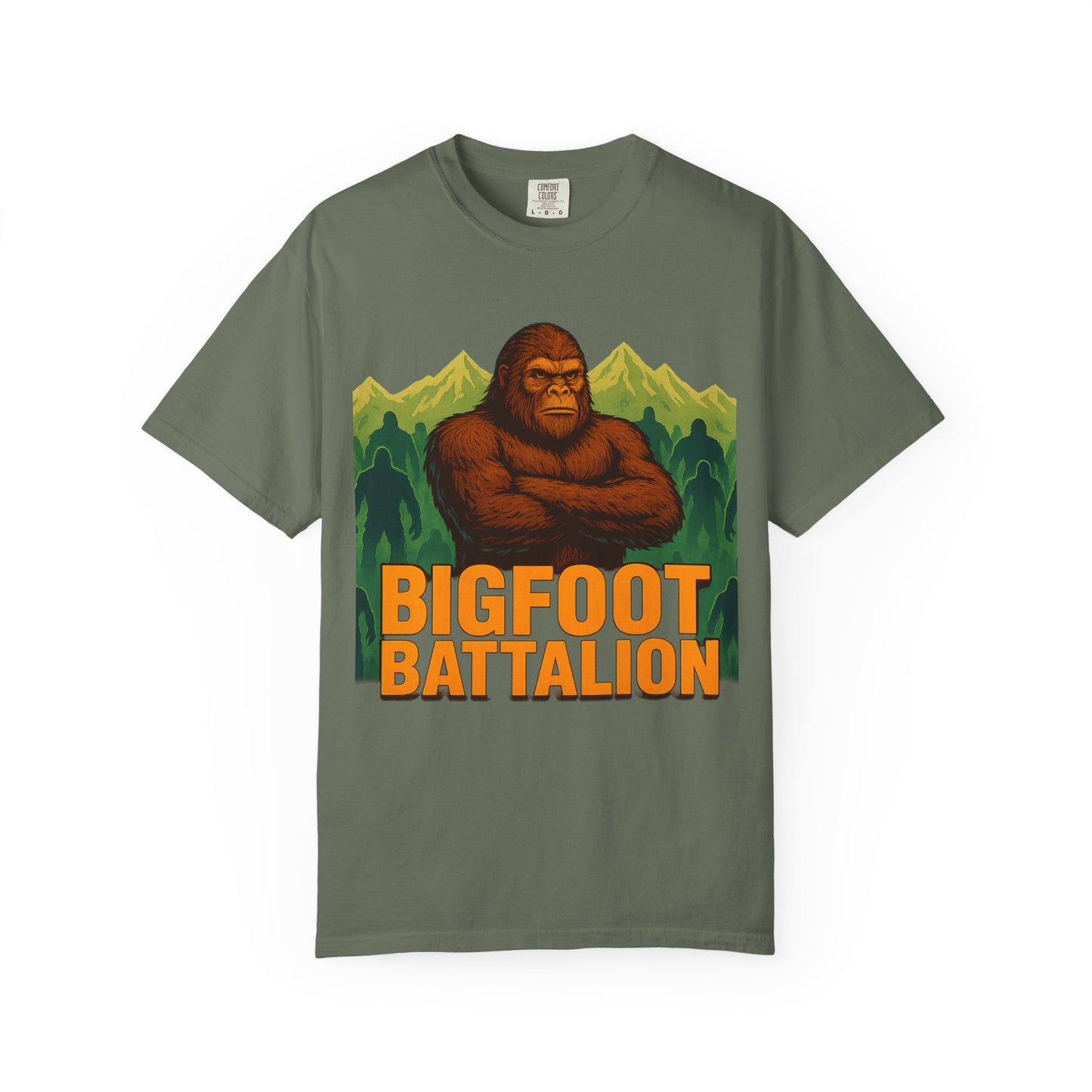 Bigfoot Battalion T-Shirt for Sasquatch Enthusiasts | Mountain Shadow Graphic Tee | Eco-Friendly Unisex Shirt