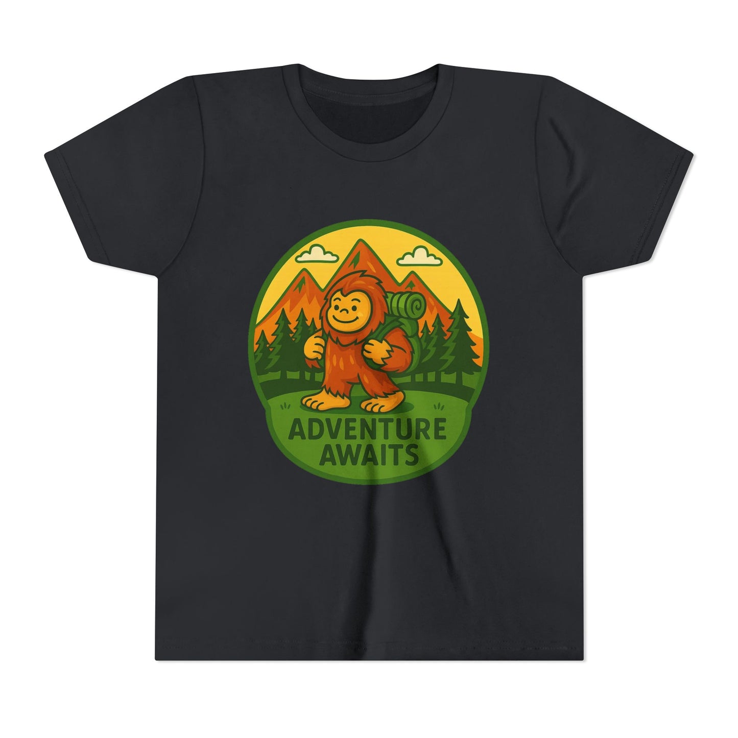 Adventure Awaits Youth Tee, Fun Kids Shirt, Cute Sasquatch T-Shirt, Summer Adventure Clothing, Perfect Gift for Young Explorers