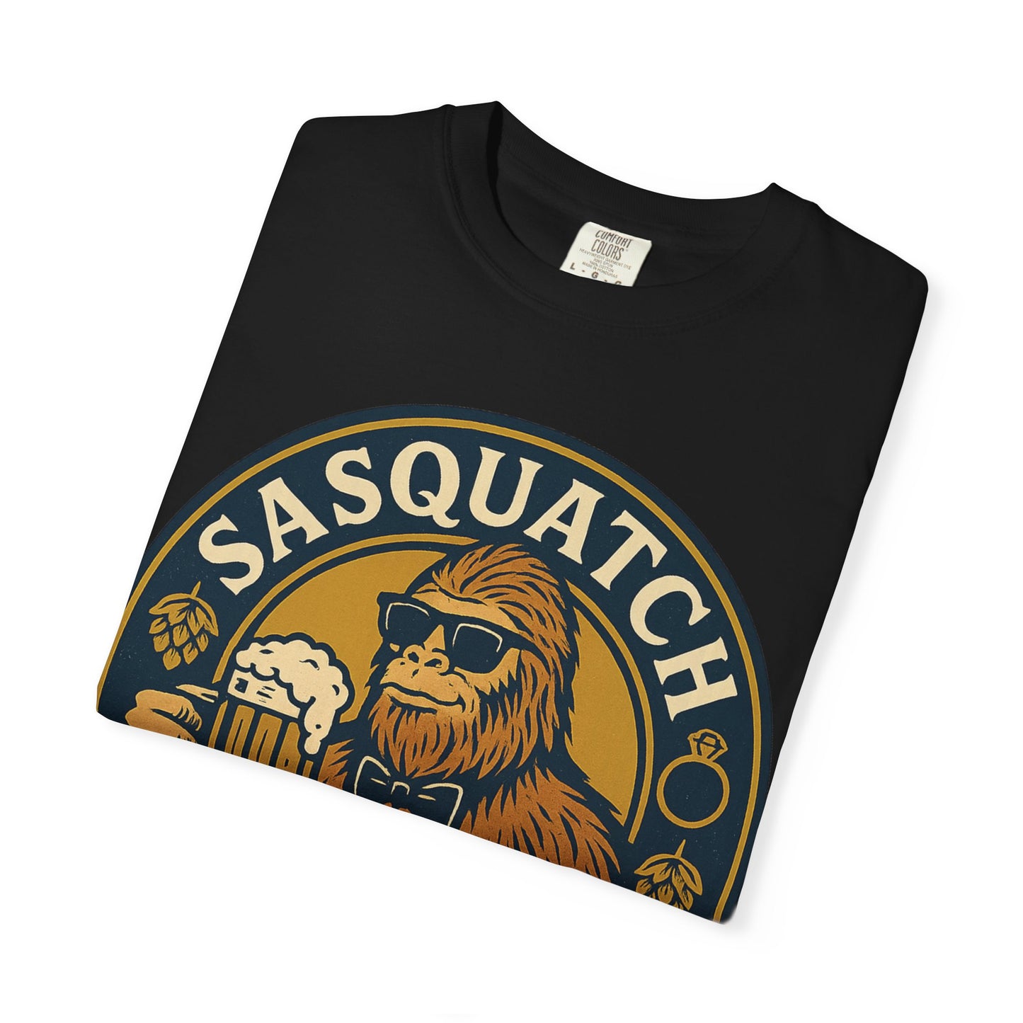 Sasquatch Groom Posse T-Shirt - Funny Bigfoot Wedding Tee - Vintage Beer Party Design - Unisex Garment-Dyed