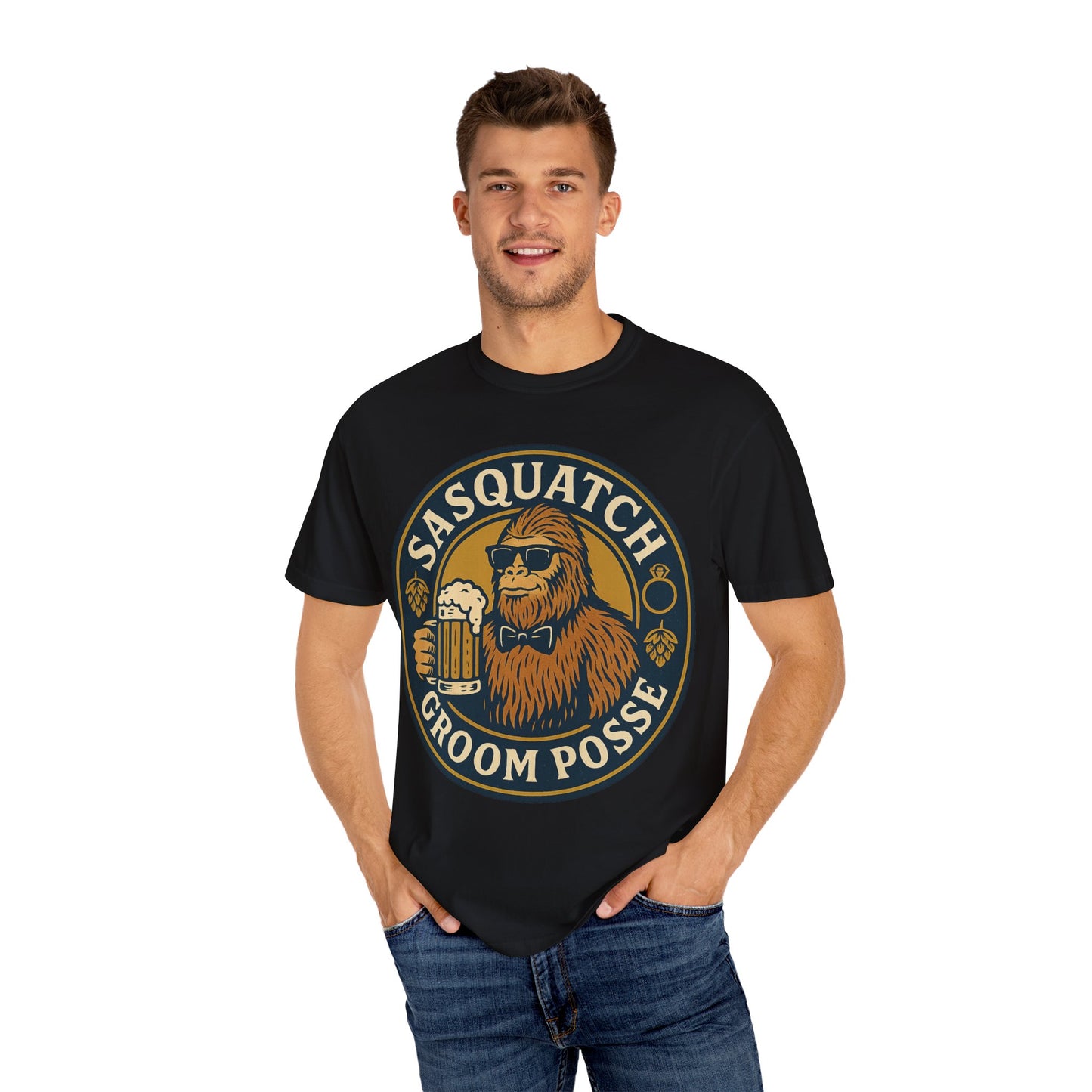 Sasquatch Groom Posse T-Shirt - Funny Bigfoot Wedding Tee - Vintage Beer Party Design - Unisex Garment-Dyed