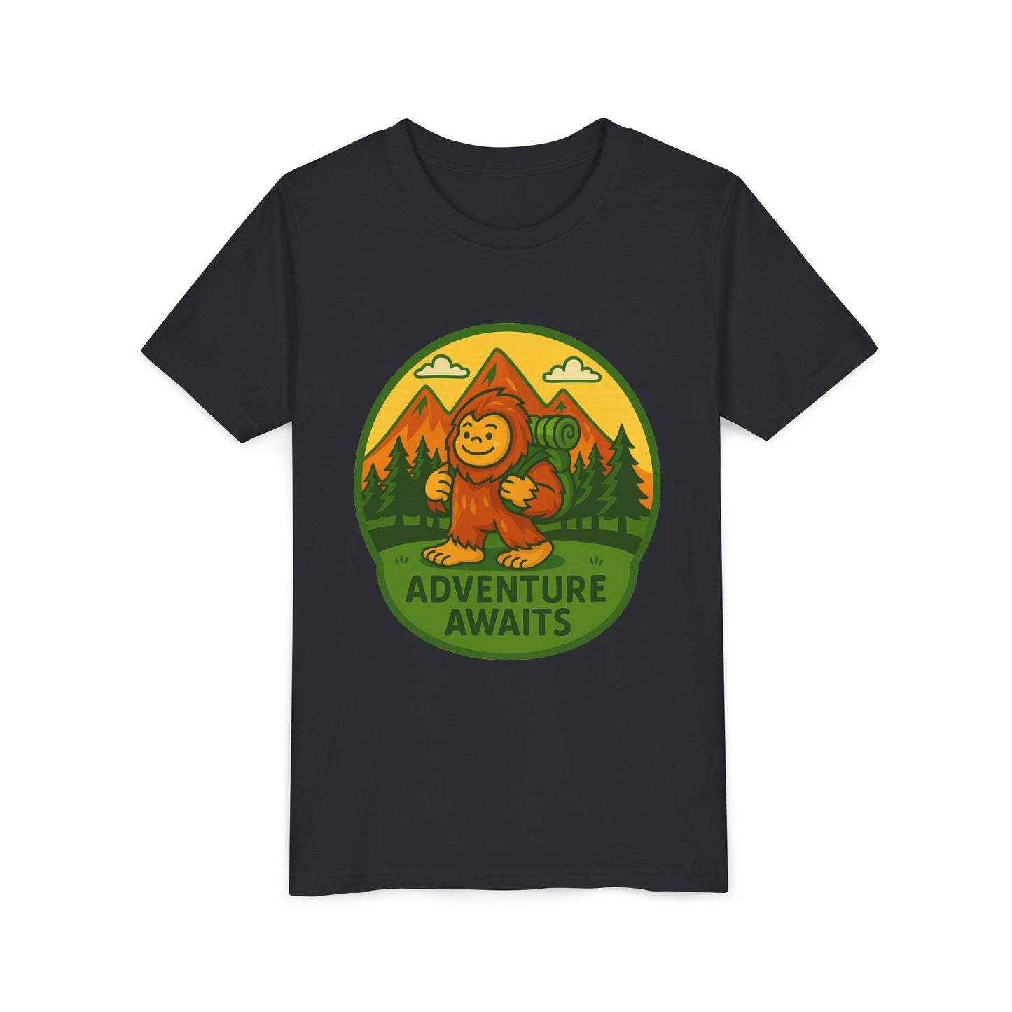 Adventure Awaits Youth Tee, Fun Kids Shirt, Cute Sasquatch T-Shirt, Summer Adventure Clothing, Perfect Gift for Young Explorers