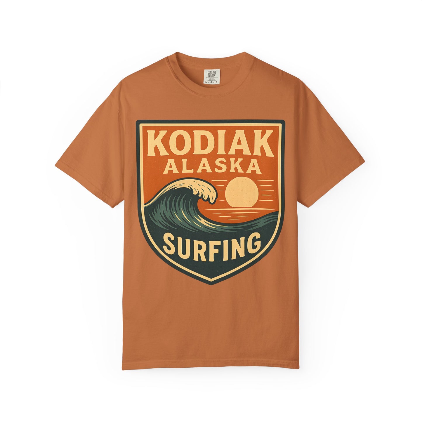 Kodiak Alaska Surfing T-Shirt – Garment-Dyed Heavyweight 100% Cotton Short Sleeve Tee - Vintage Surf Design