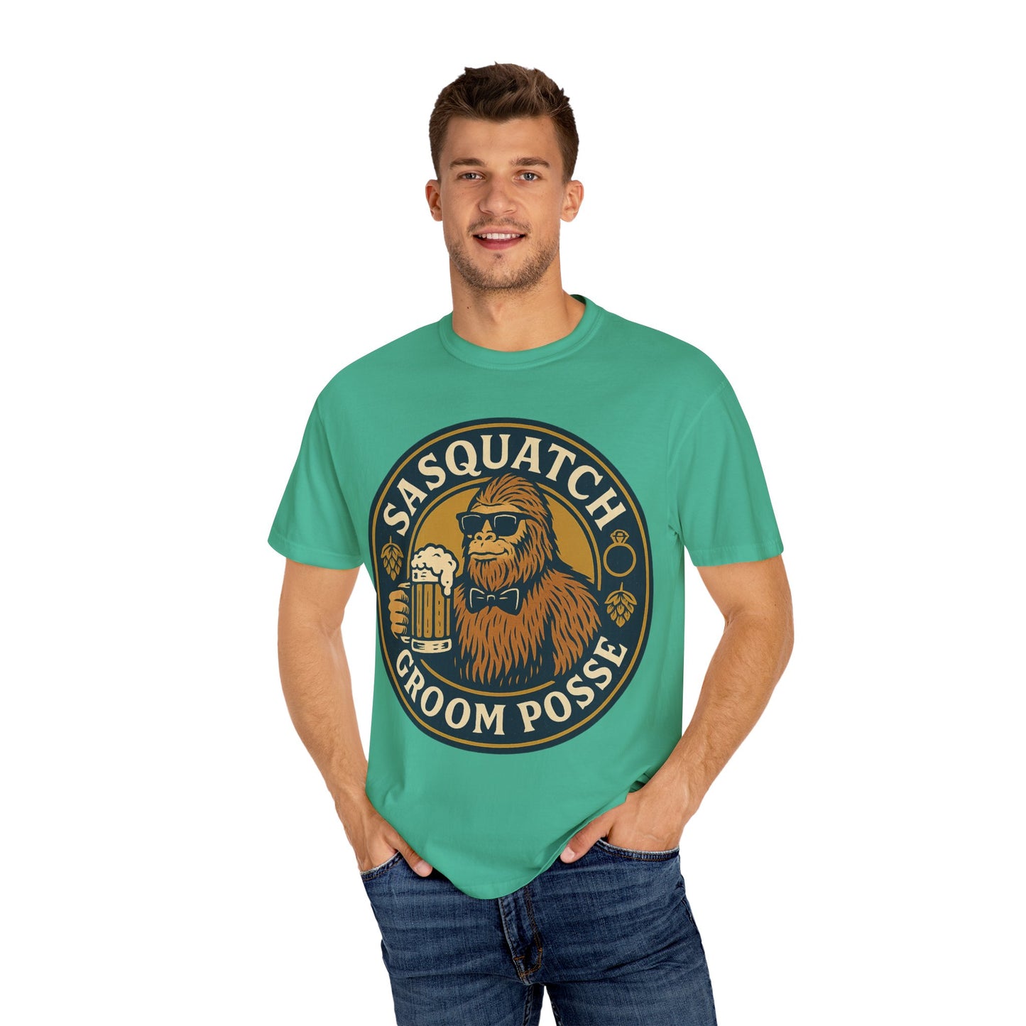 Sasquatch Groom Posse T-Shirt - Funny Bigfoot Wedding Tee - Vintage Beer Party Design - Unisex Garment-Dyed