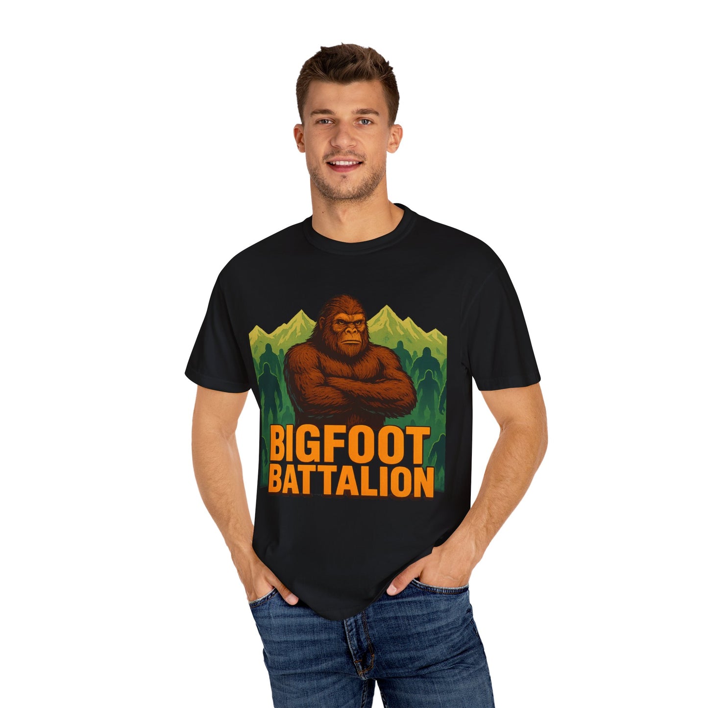 Bigfoot Battalion T-Shirt for Sasquatch Enthusiasts | Mountain Shadow Graphic Tee | Eco-Friendly Unisex Shirt