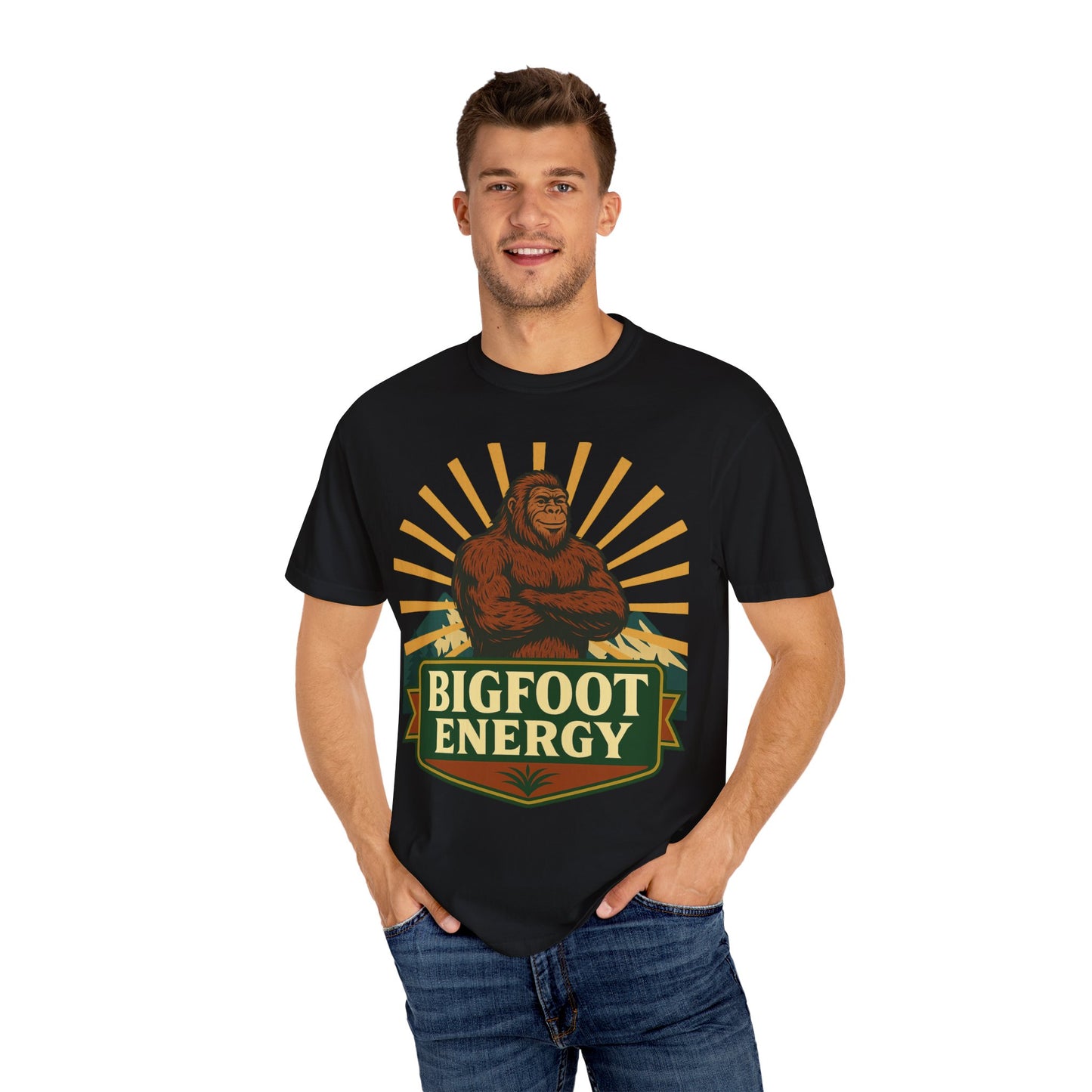 Bigfoot Energy T-Shirt - Retro Bigfoot Enthusiast Tee - Outdoor Adventure Sasquatch Shirt - Unisex Garment-Dyed