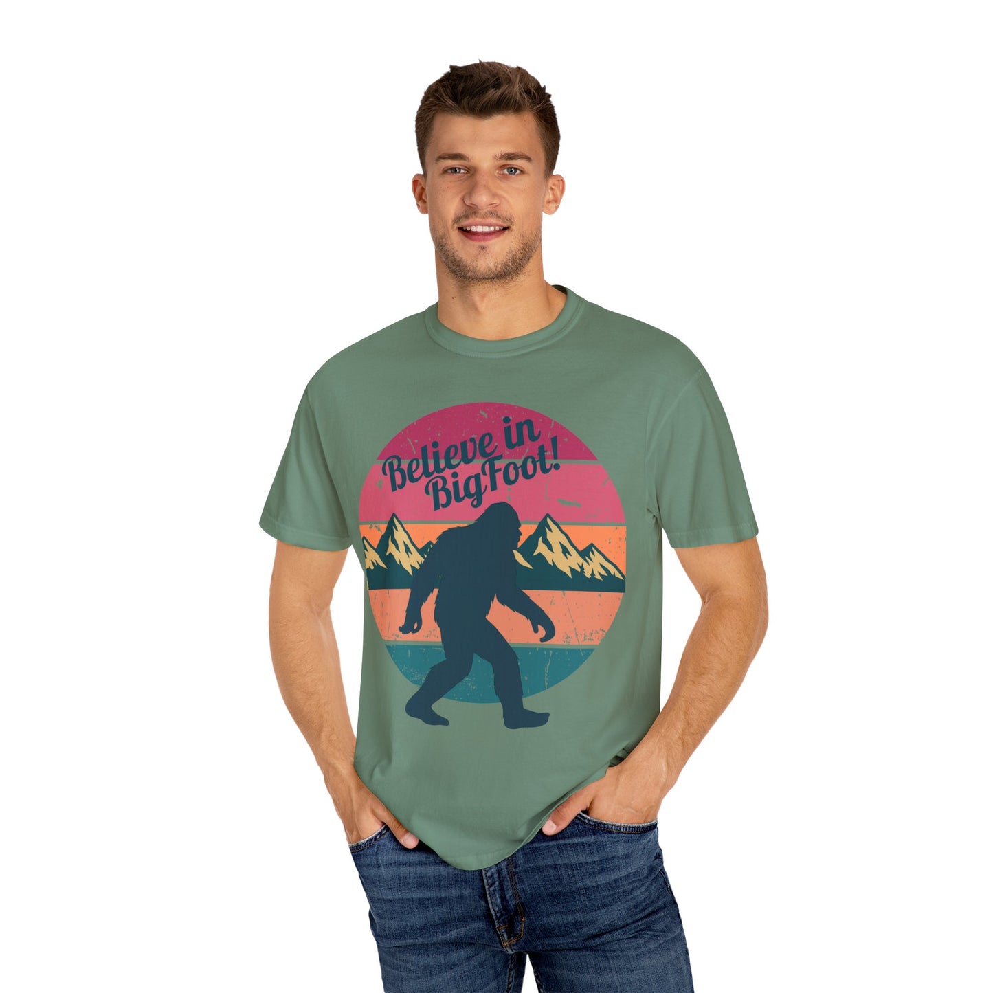 Believe in Bigfoot T-Shirt - Vintage Retro Sasquatch Tee - Outdoor Adventure Bigfoot Shirt - Unisex Garment-Dyed