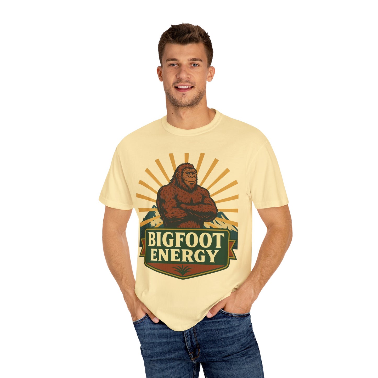 Bigfoot Energy T-Shirt - Retro Bigfoot Enthusiast Tee - Outdoor Adventure Sasquatch Shirt - Unisex Garment-Dyed