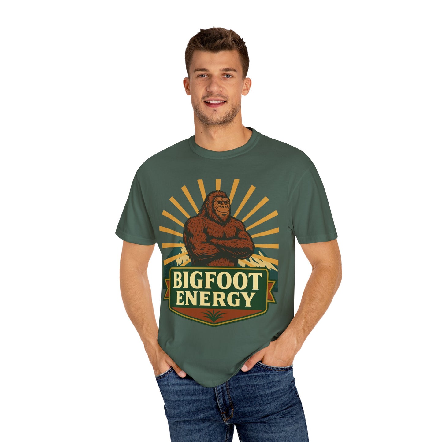 Bigfoot Energy T-Shirt - Retro Bigfoot Enthusiast Tee - Outdoor Adventure Sasquatch Shirt - Unisex Garment-Dyed