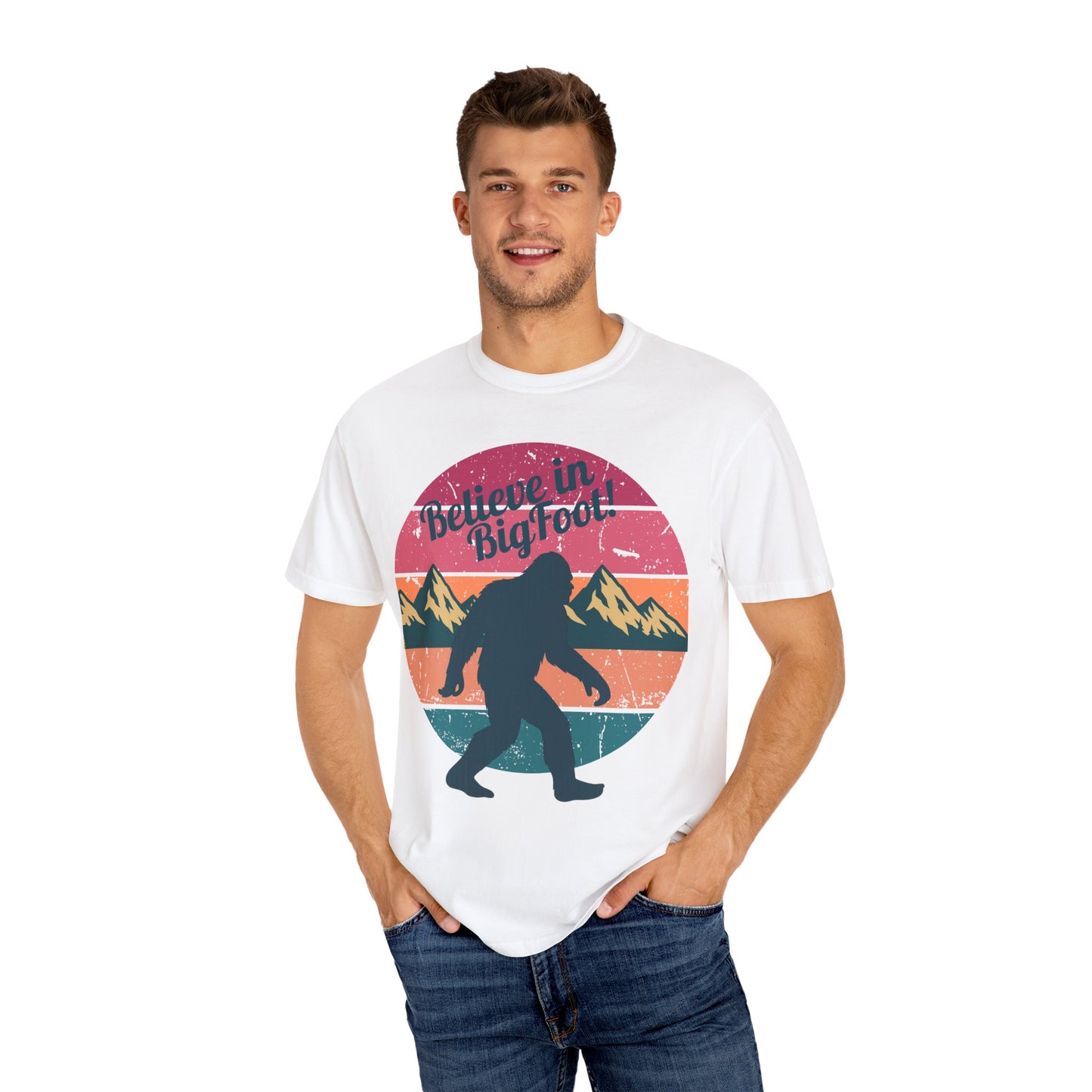 Believe in Bigfoot T-Shirt - Vintage Retro Sasquatch Tee - Outdoor Adventure Bigfoot Shirt - Unisex Garment-Dyed