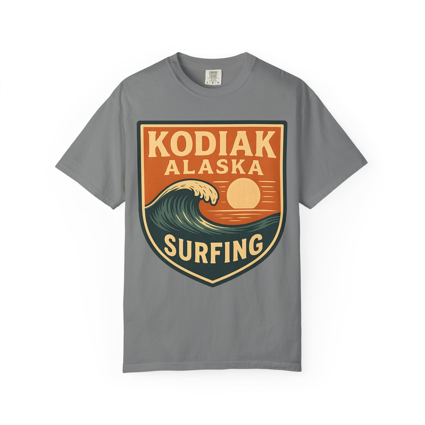 Kodiak Alaska Surfing T-Shirt – Garment-Dyed Heavyweight 100% Cotton Short Sleeve Tee - Vintage Surf Design