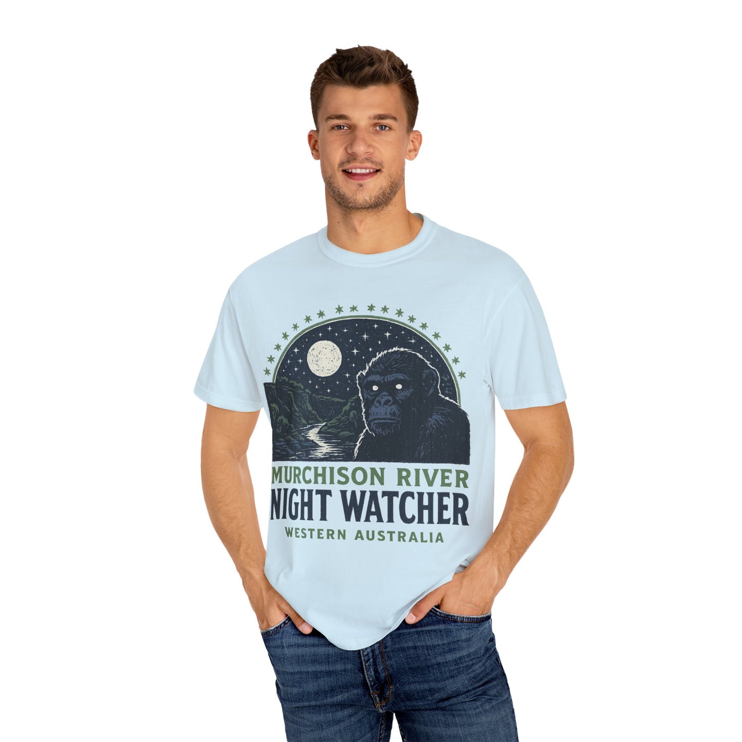Night Watcher T-Shirt, Unisex Garment-Dyed Tee, Gorilla Graphic Shirt, Adventure Apparel, Casual Wear, Gift for Nature Lovers