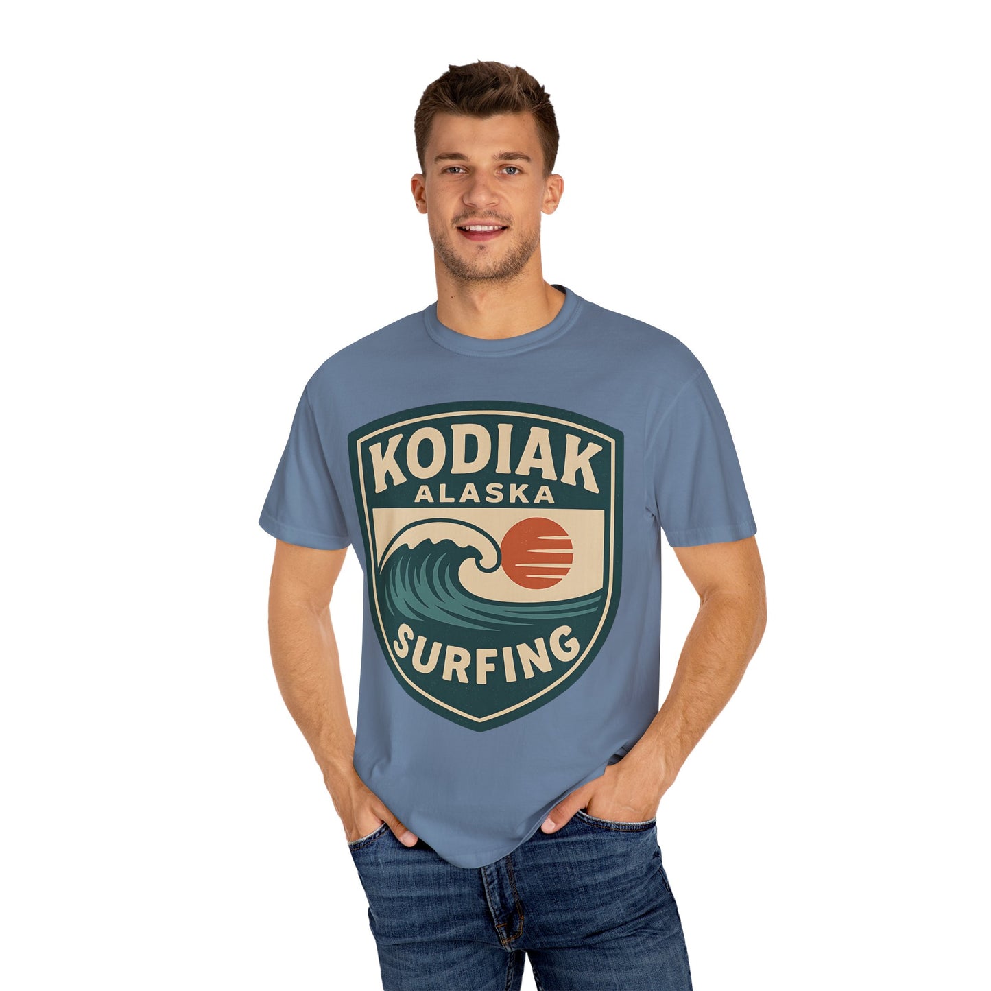 Vintage Kodiak Alaska Surfing T-Shirt – Garment-Dyed Heavyweight 100% Cotton Short Sleeve Tee - Retro Surf Design