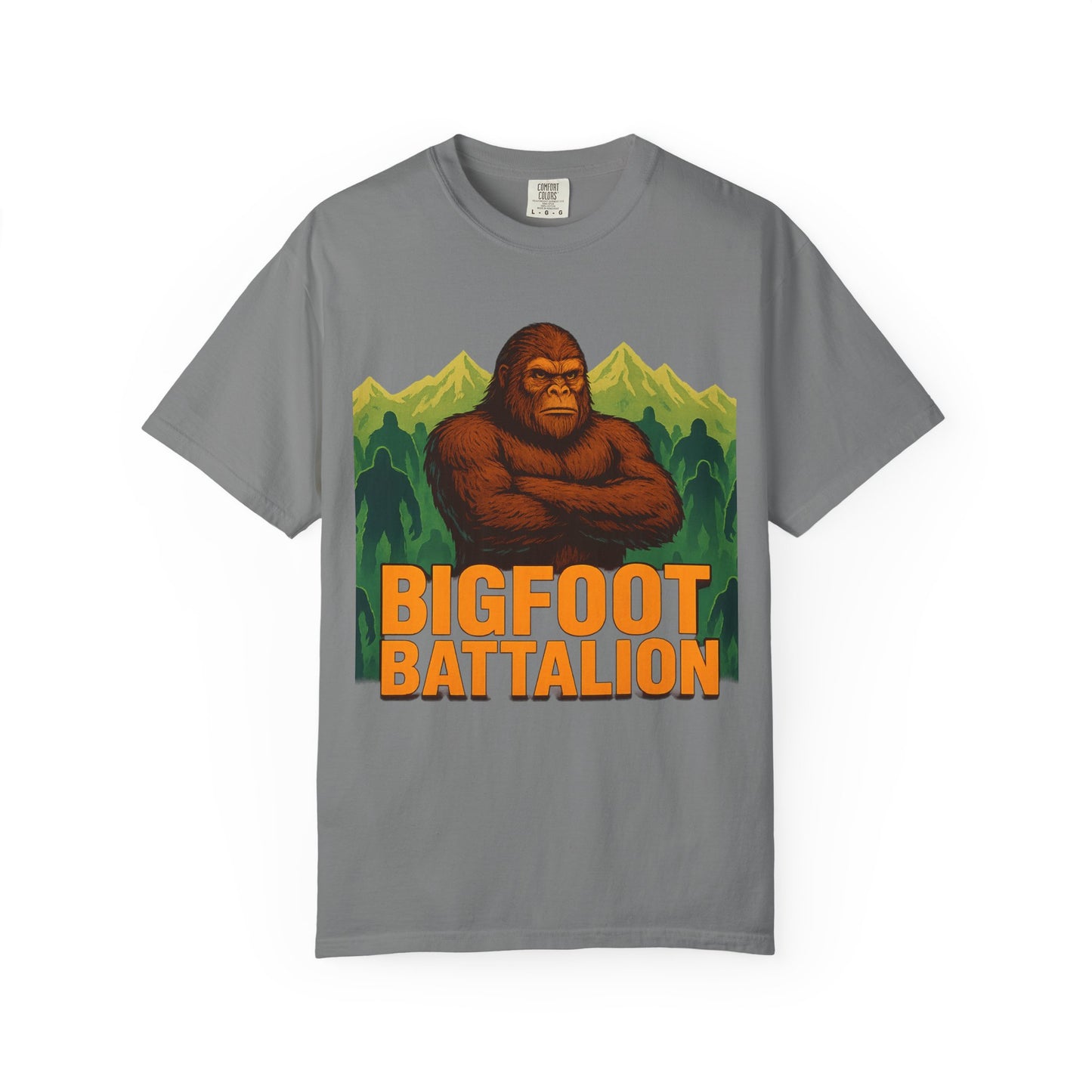 Bigfoot Battalion T-Shirt for Sasquatch Enthusiasts | Mountain Shadow Graphic Tee | Eco-Friendly Unisex Shirt