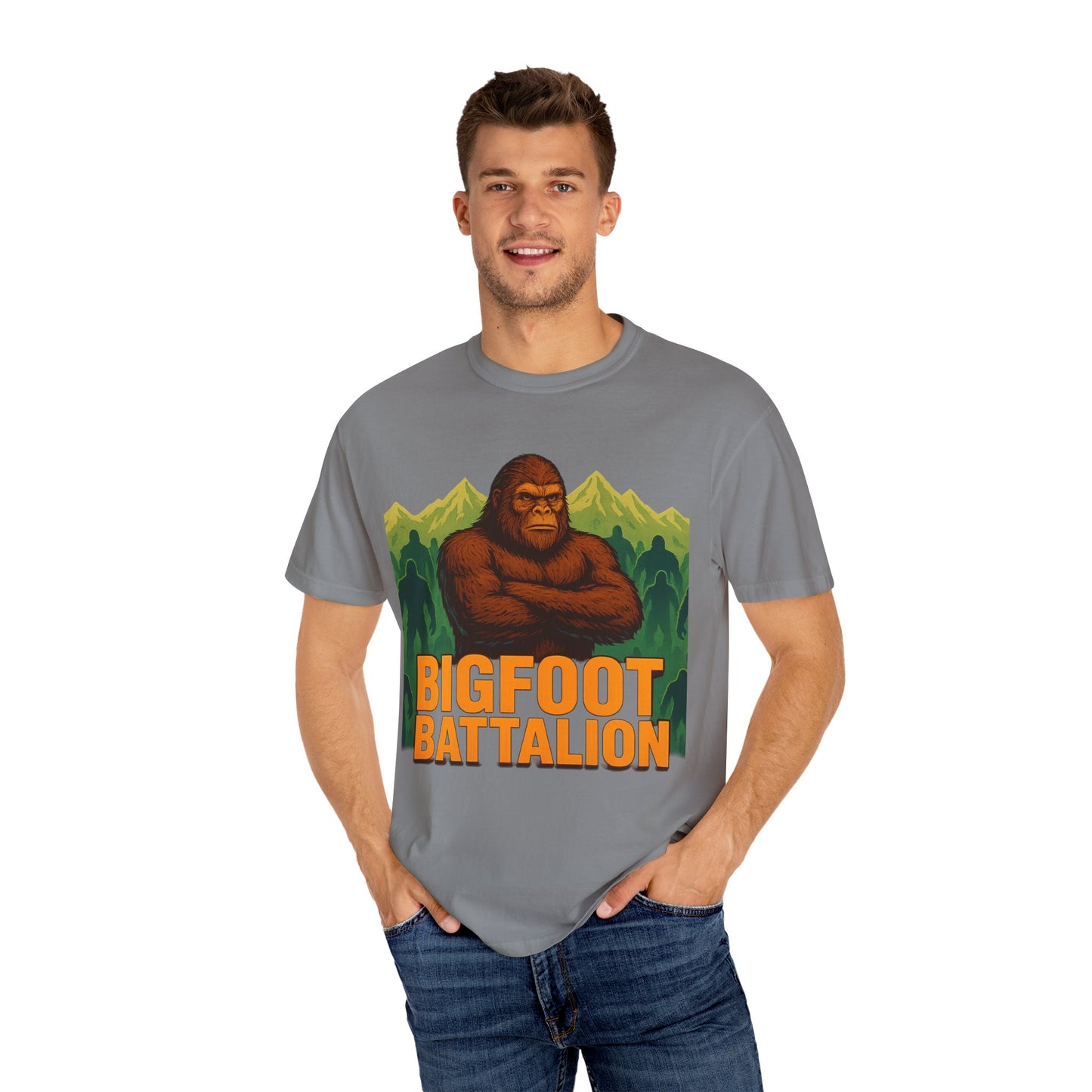 Bigfoot Battalion T-Shirt for Sasquatch Enthusiasts | Mountain Shadow Graphic Tee | Eco-Friendly Unisex Shirt