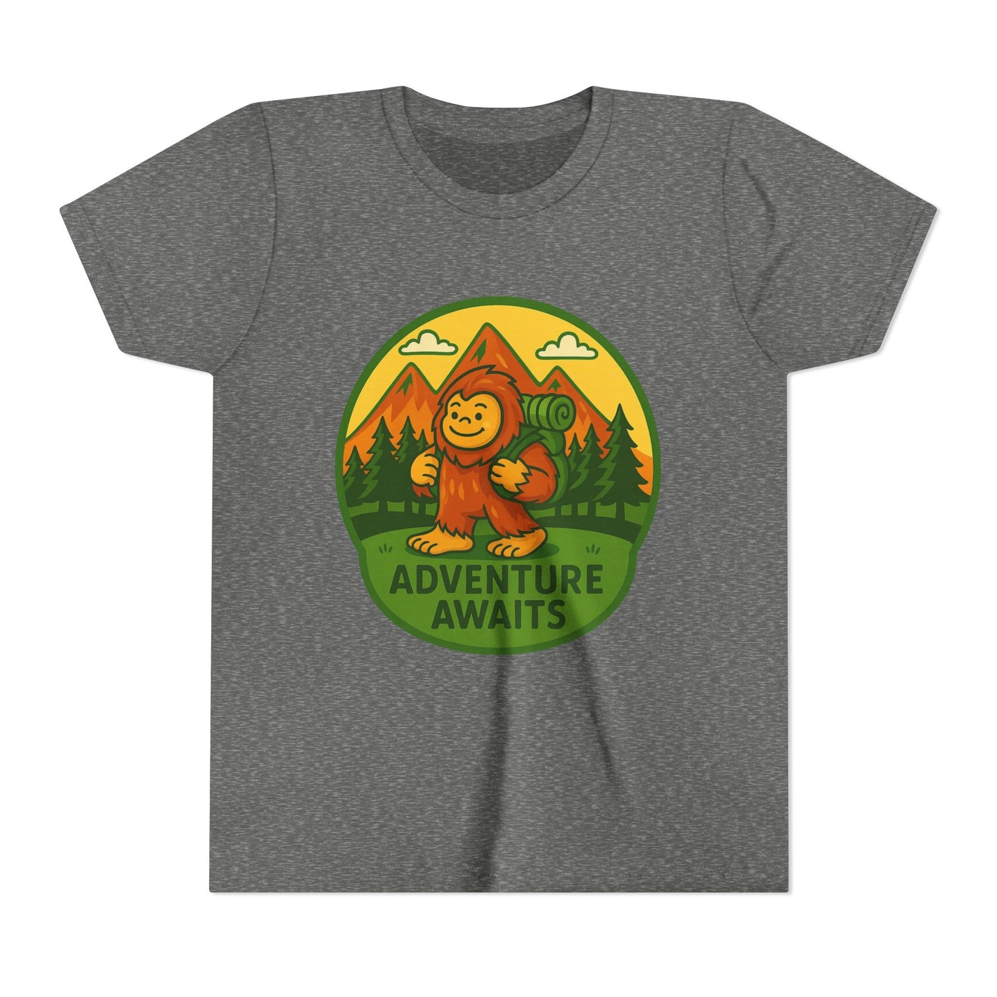 Adventure Awaits Youth Tee, Fun Kids Shirt, Cute Sasquatch T-Shirt, Summer Adventure Clothing, Perfect Gift for Young Explorers