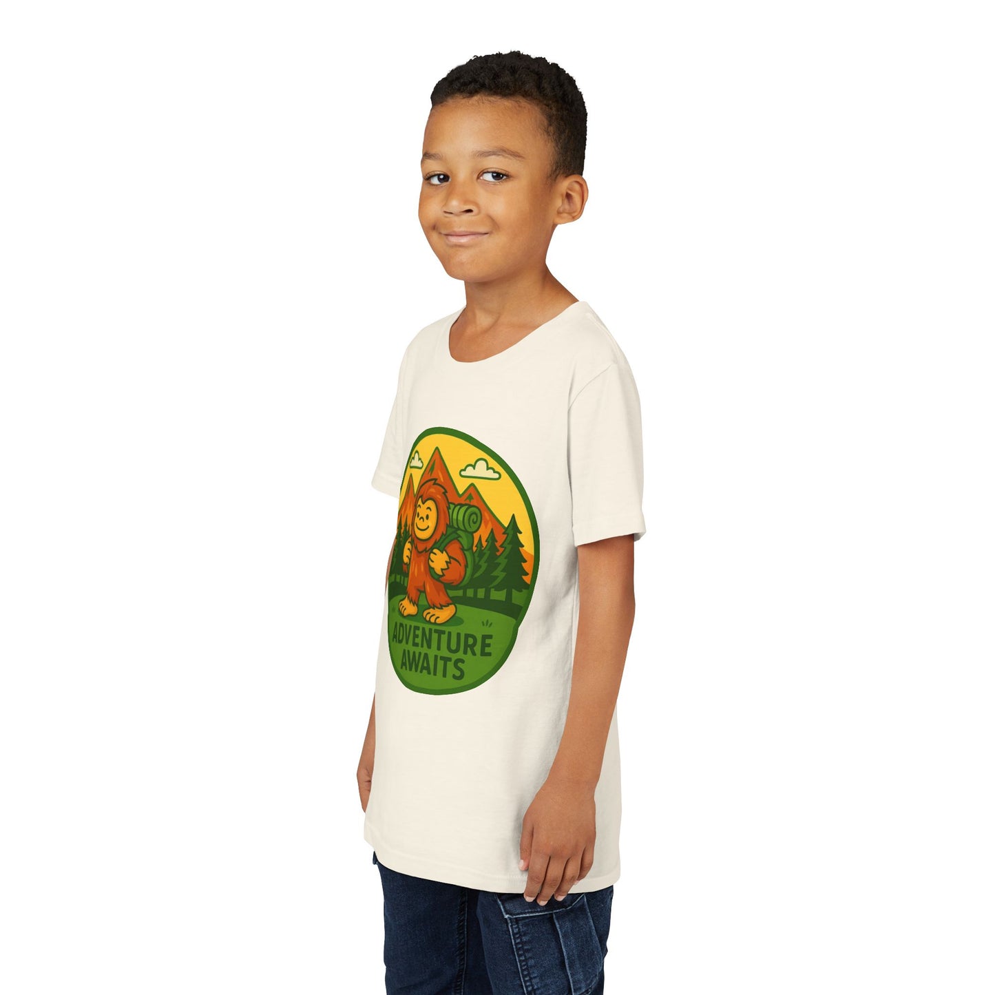Adventure Awaits Youth Tee, Fun Kids Shirt, Cute Sasquatch T-Shirt, Summer Adventure Clothing, Perfect Gift for Young Explorers