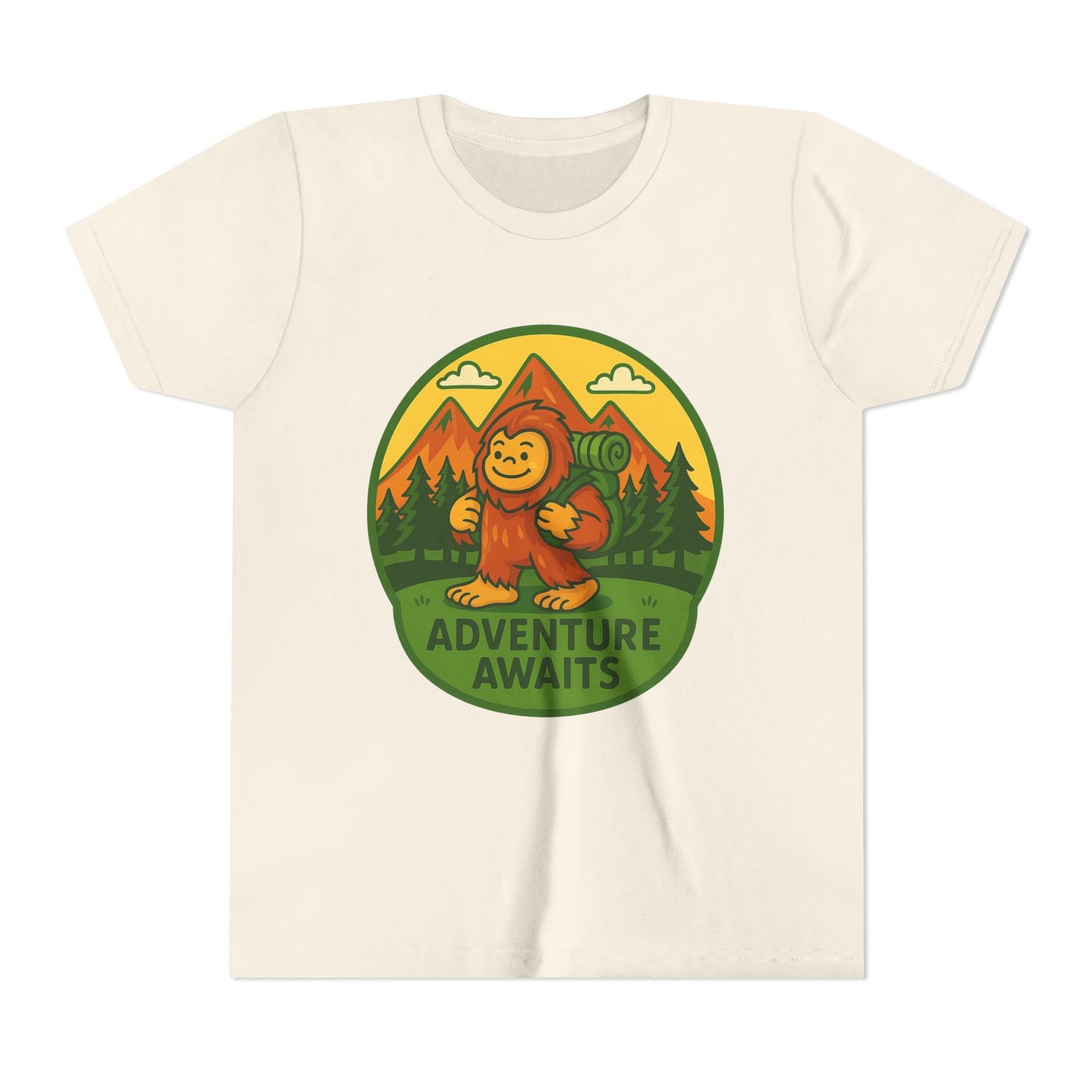 Adventure Awaits Youth Tee, Fun Kids Shirt, Cute Sasquatch T-Shirt, Summer Adventure Clothing, Perfect Gift for Young Explorers