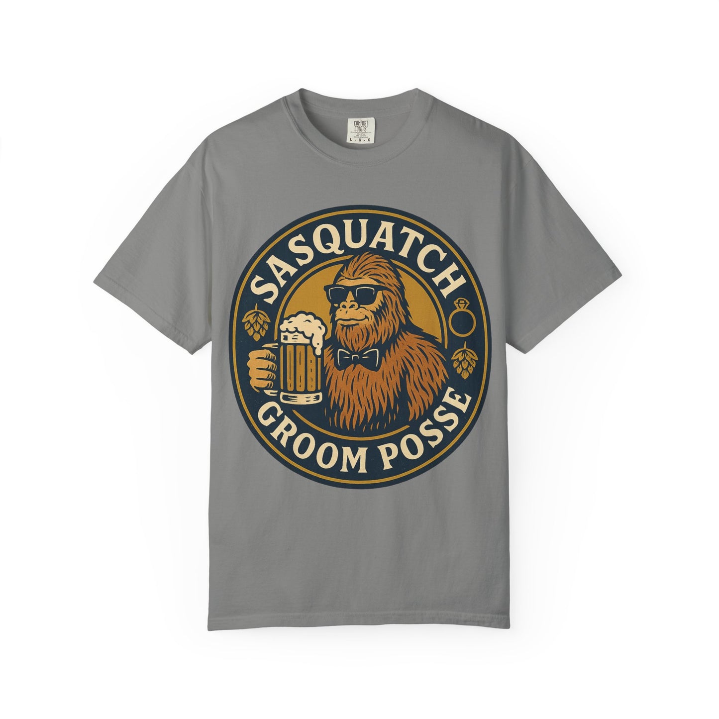 Sasquatch Groom Posse T-Shirt - Funny Bigfoot Wedding Tee - Vintage Beer Party Design - Unisex Garment-Dyed