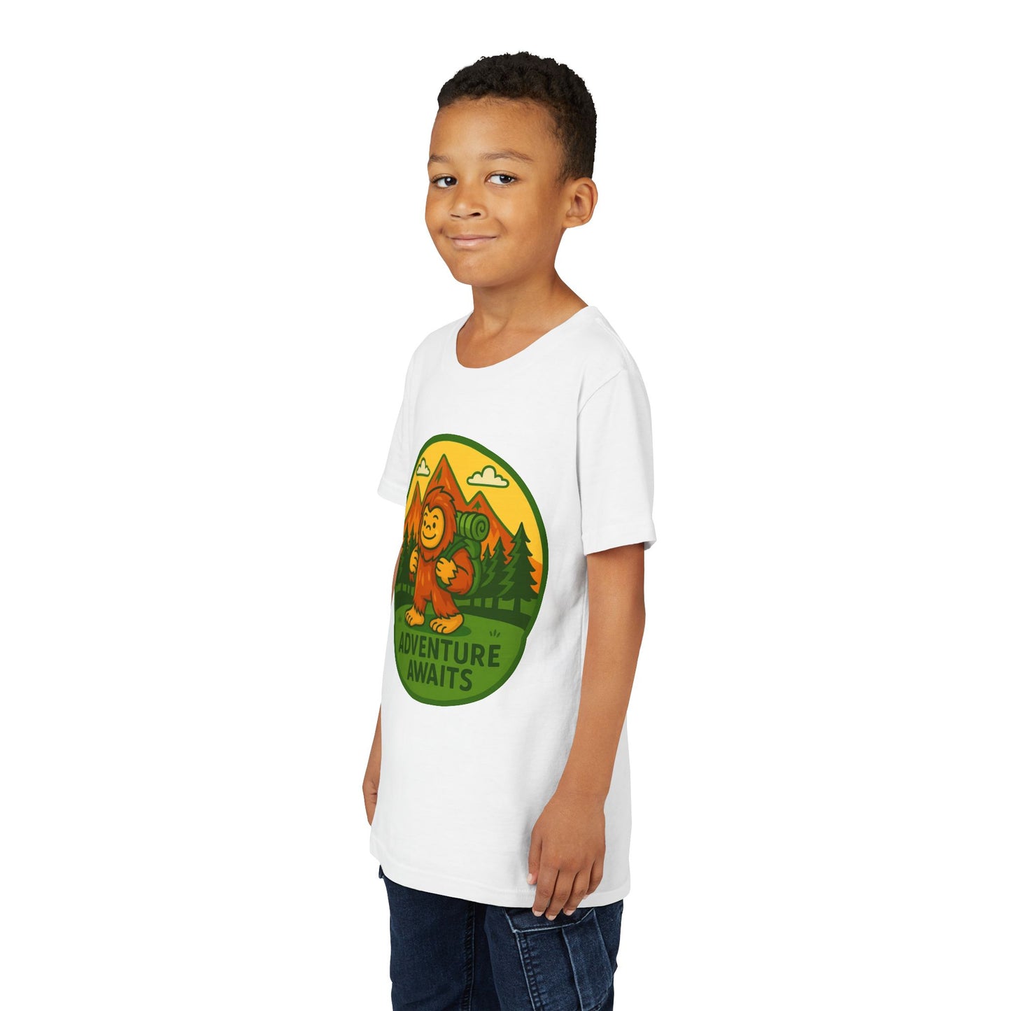 Adventure Awaits Youth Tee, Fun Kids Shirt, Cute Sasquatch T-Shirt, Summer Adventure Clothing, Perfect Gift for Young Explorers