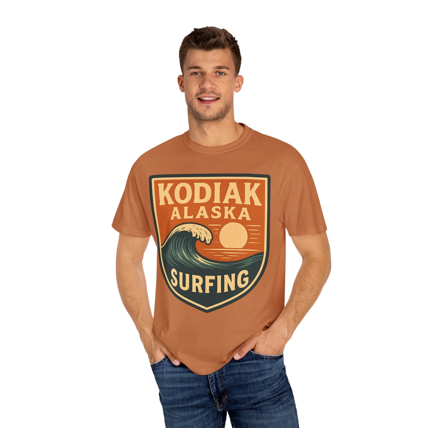 Kodiak Alaska Surfing T-Shirt – Garment-Dyed Heavyweight 100% Cotton Short Sleeve Tee - Vintage Surf Design