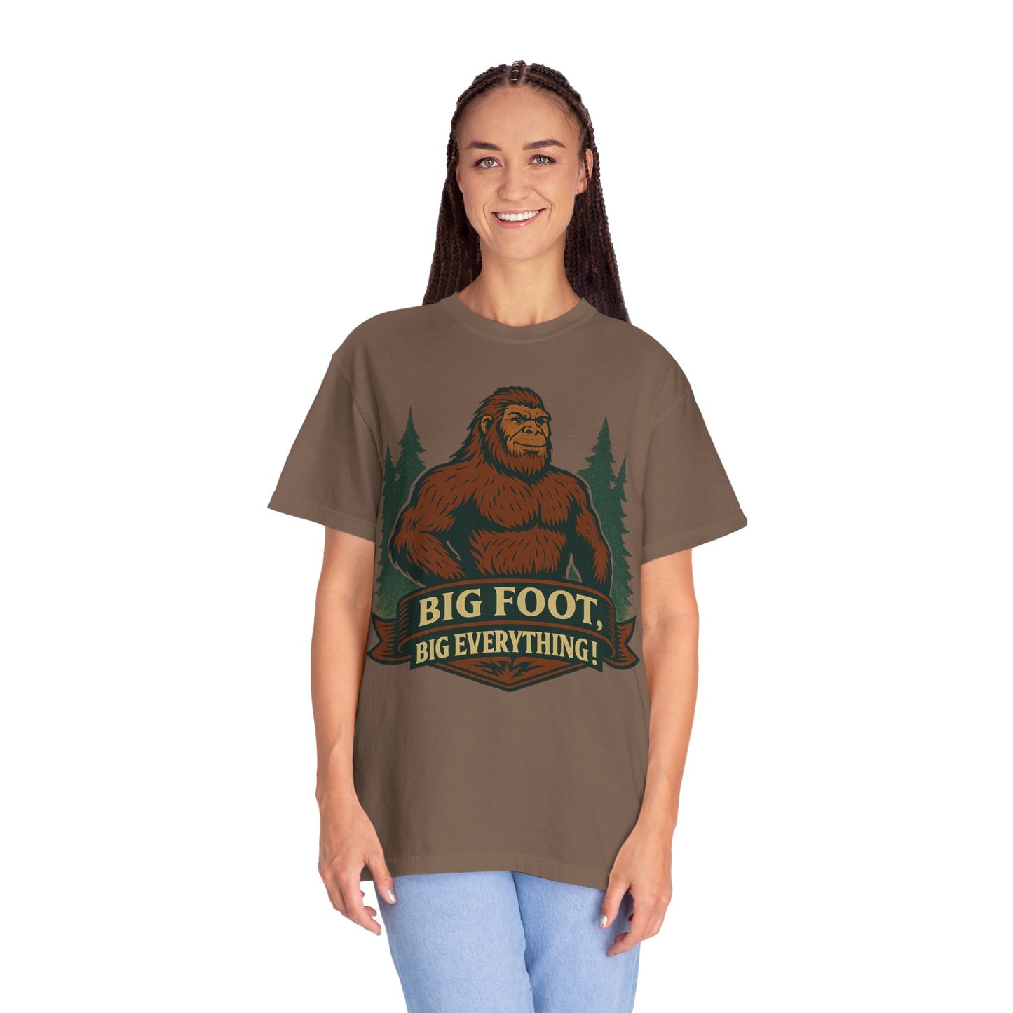 Big Foot, Big Everything T-Shirt - Bold Sasquatch Humor Tee - Vintage Outdoor Bigfoot Design - Unisex Garment-Dyed